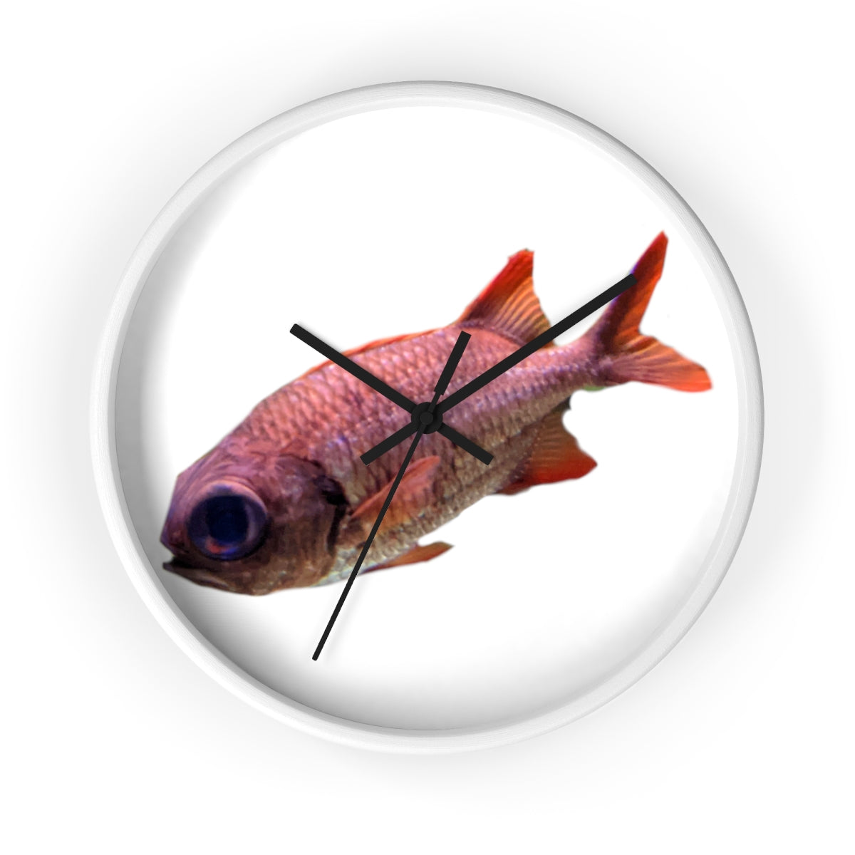 A colorful wall clock featuring a vibrant fish design, set in a wooden frame with a clear plexiglass face.