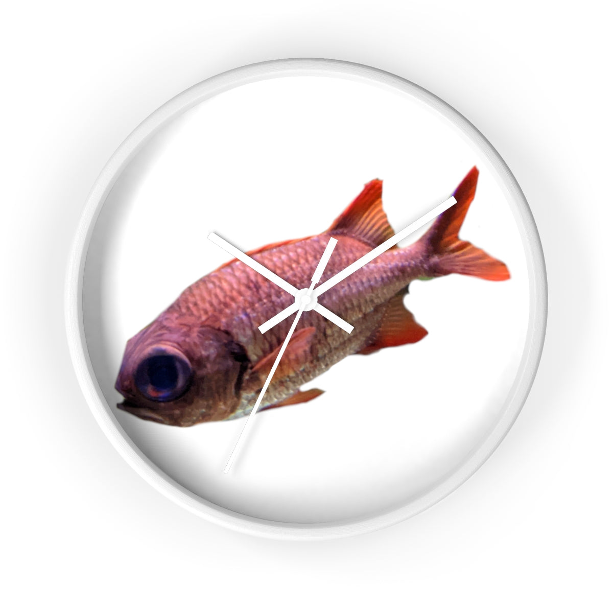 A colorful wall clock featuring a vibrant fish design, set in a wooden frame with a clear plexiglass face.