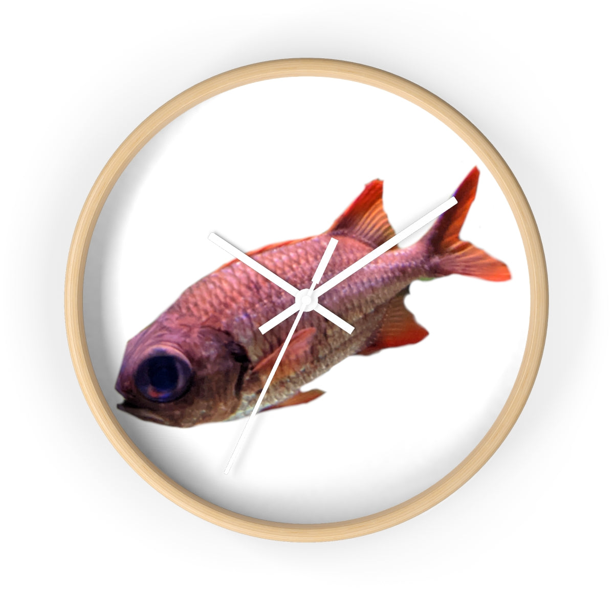 A colorful wall clock featuring a vibrant fish design, set in a wooden frame with a clear plexiglass face.