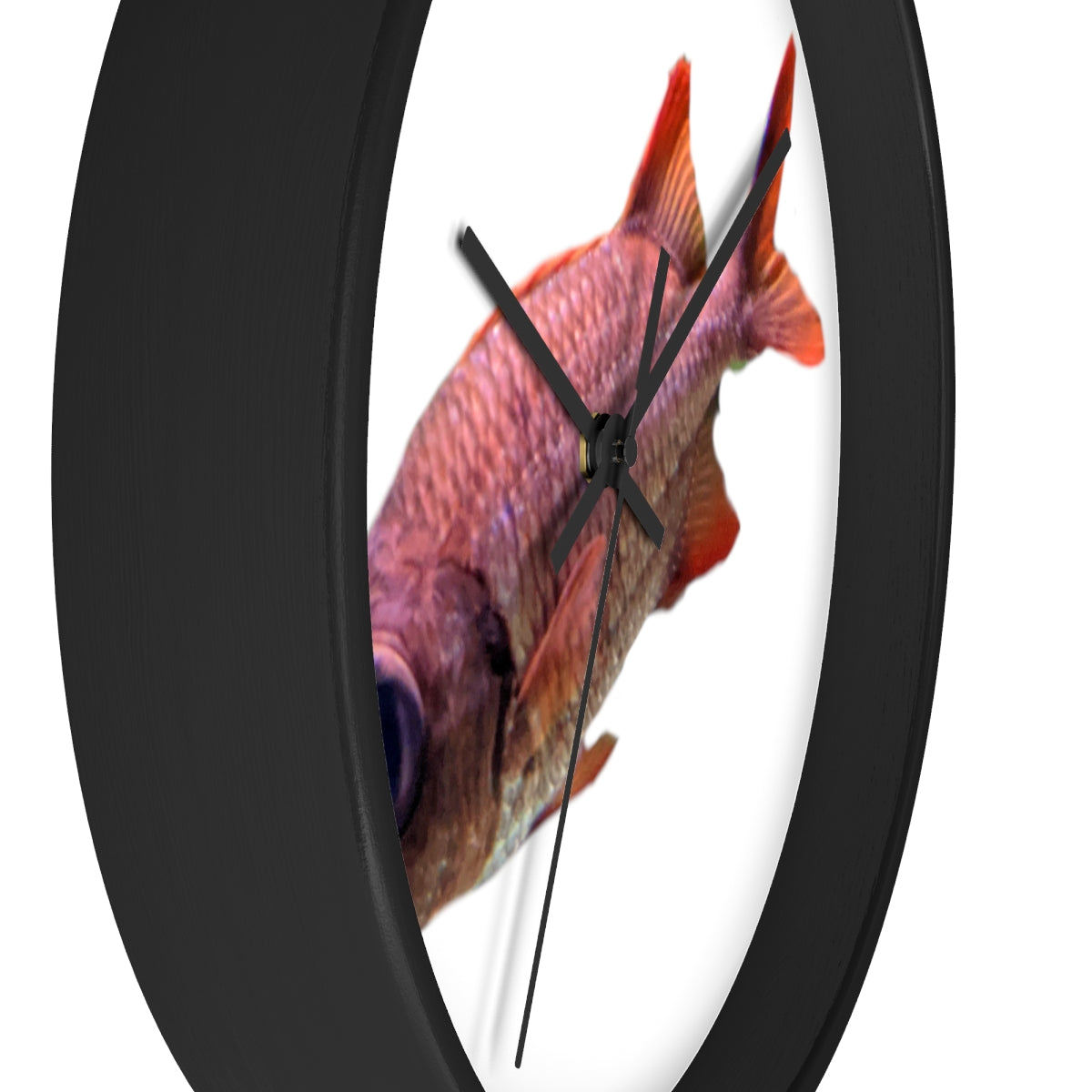 A colorful wall clock featuring a vibrant fish design, set in a wooden frame with a clear plexiglass face.