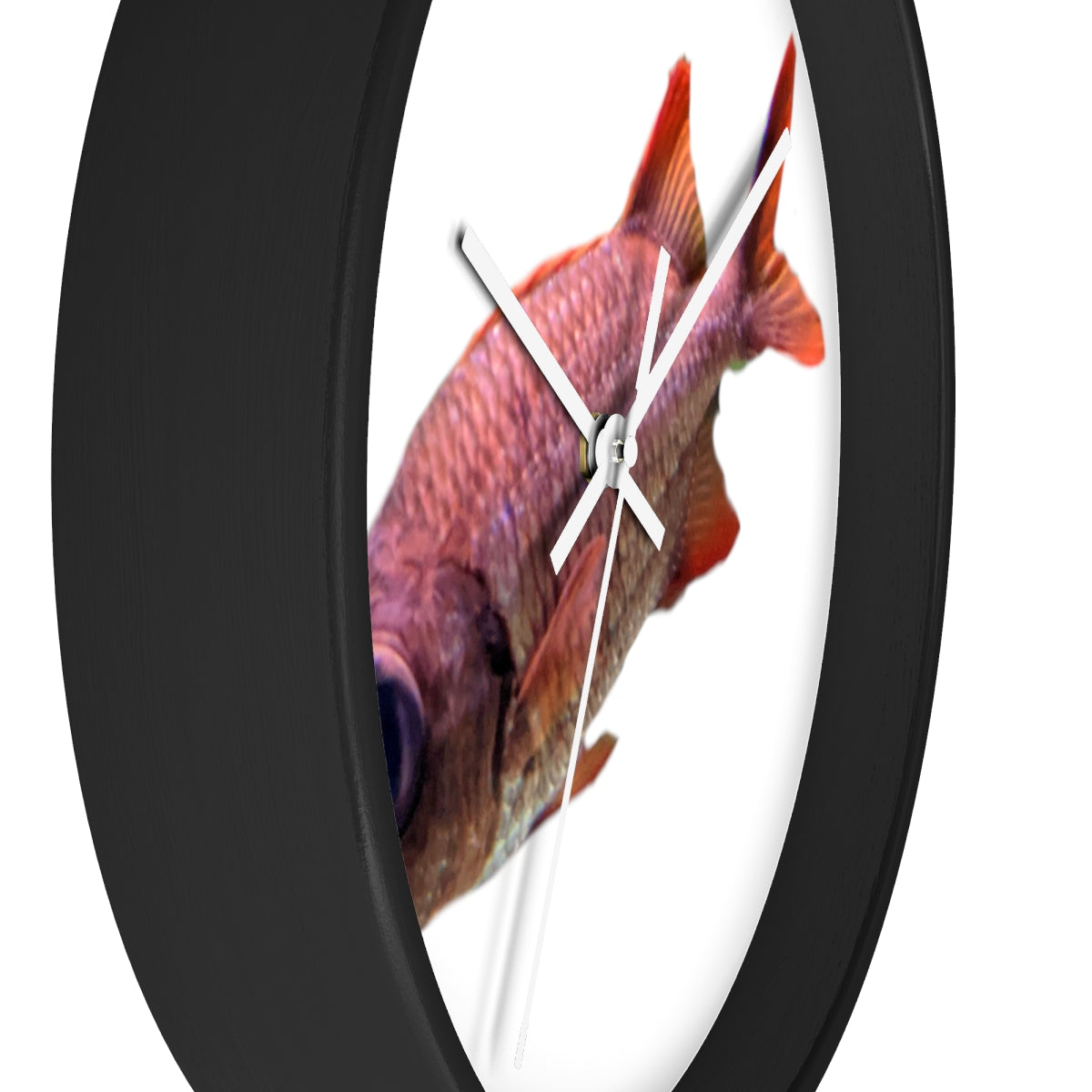 A colorful wall clock featuring a vibrant fish design, set in a wooden frame with a clear plexiglass face.