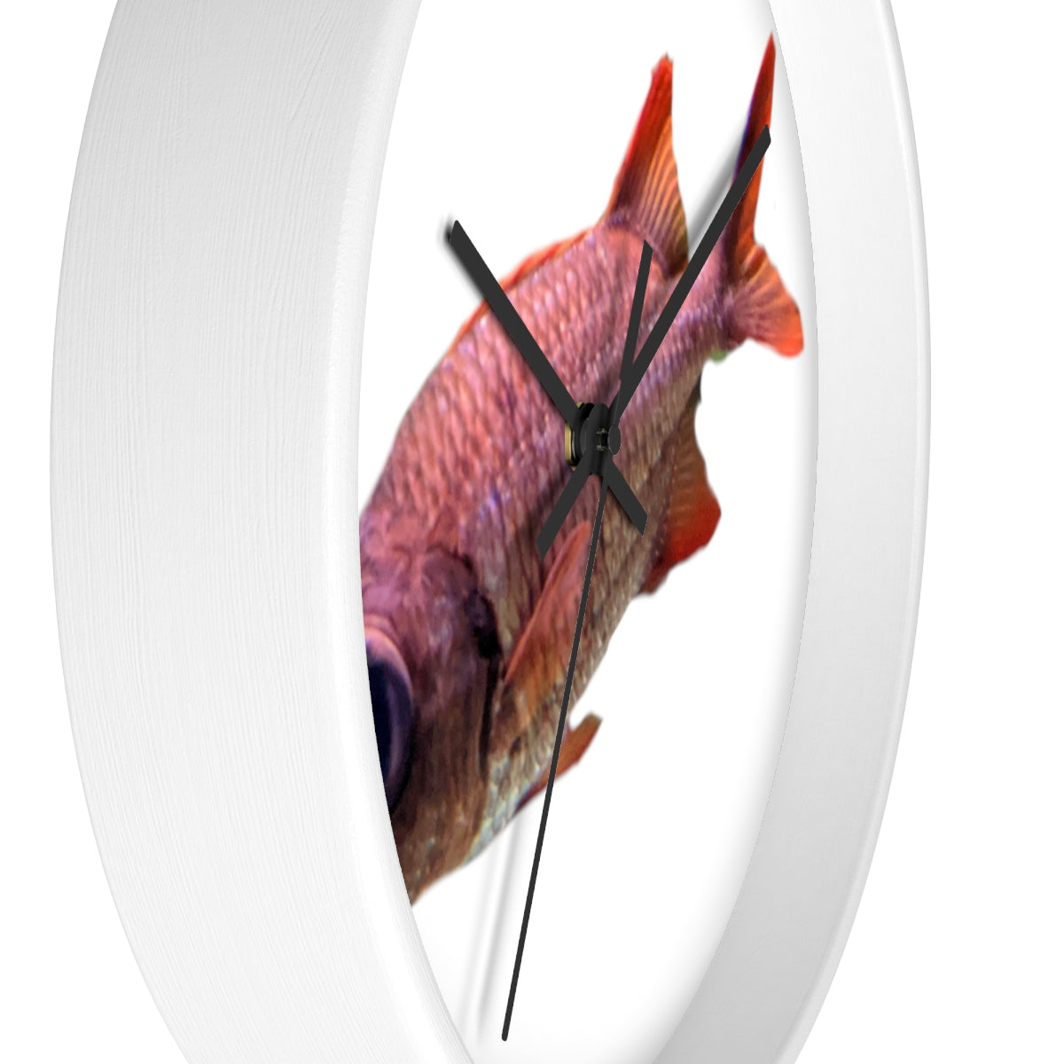 A colorful wall clock featuring a vibrant fish design, set in a wooden frame with a clear plexiglass face.