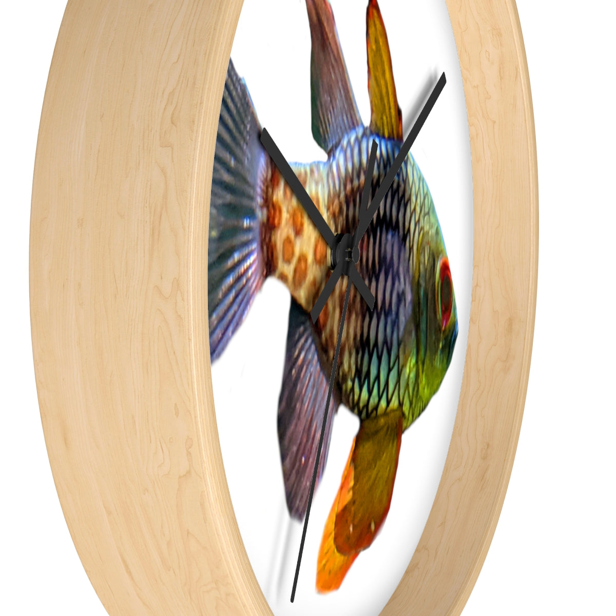 A colorful wall clock featuring vibrant fish designs, set in a wooden frame with a clear plexiglass face.