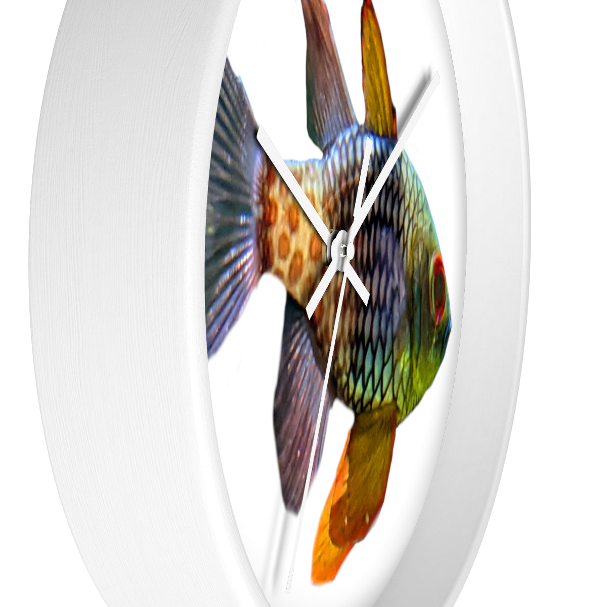 A colorful wall clock featuring vibrant fish designs, set in a wooden frame with a clear plexiglass face.