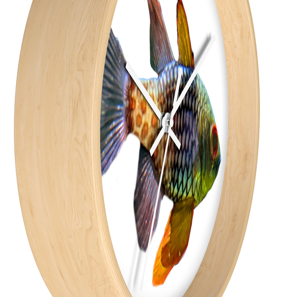 A colorful wall clock featuring vibrant fish designs, set in a wooden frame with a clear plexiglass face.