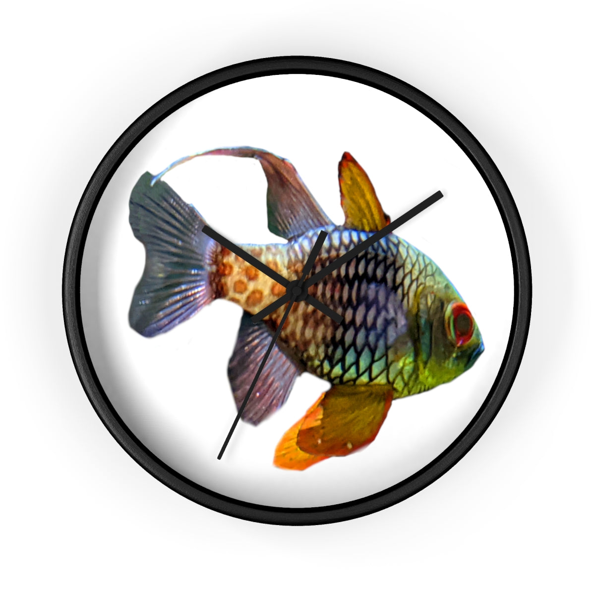 A colorful wall clock featuring vibrant fish designs, set in a wooden frame with a clear plexiglass face.