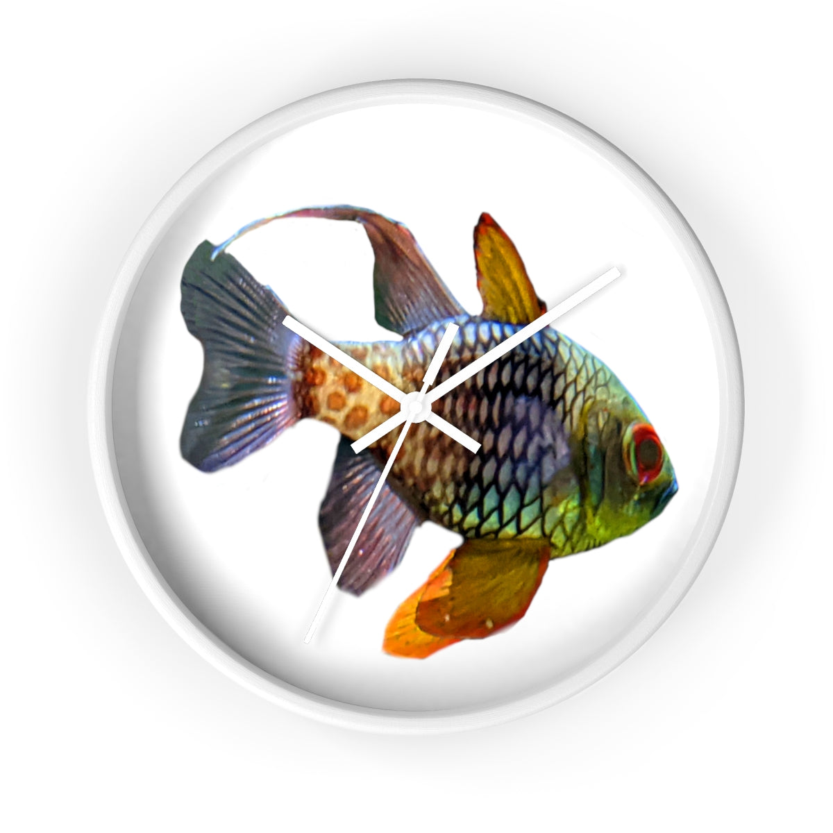 A colorful wall clock featuring vibrant fish designs, set in a wooden frame with a clear plexiglass face.