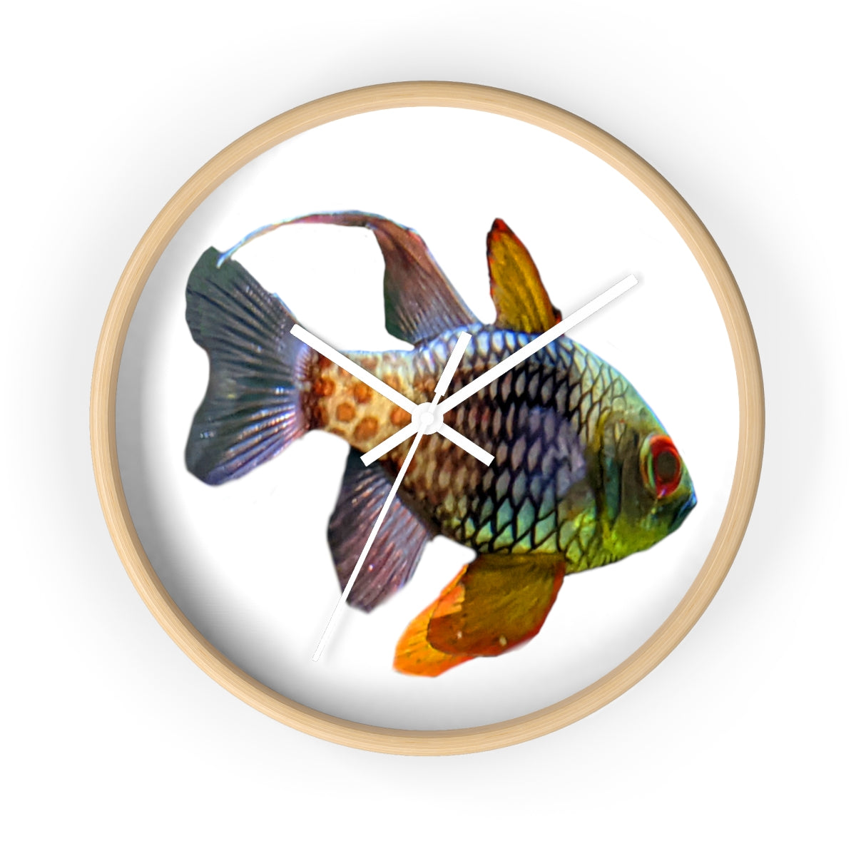 A colorful wall clock featuring vibrant fish designs, set in a wooden frame with a clear plexiglass face.