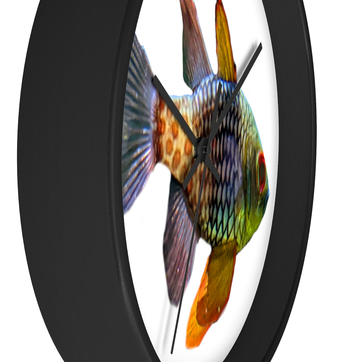 A colorful wall clock featuring vibrant fish designs, set in a wooden frame with a clear plexiglass face.