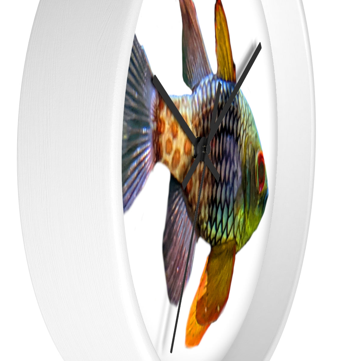 A colorful wall clock featuring vibrant fish designs, set in a wooden frame with a clear plexiglass face.