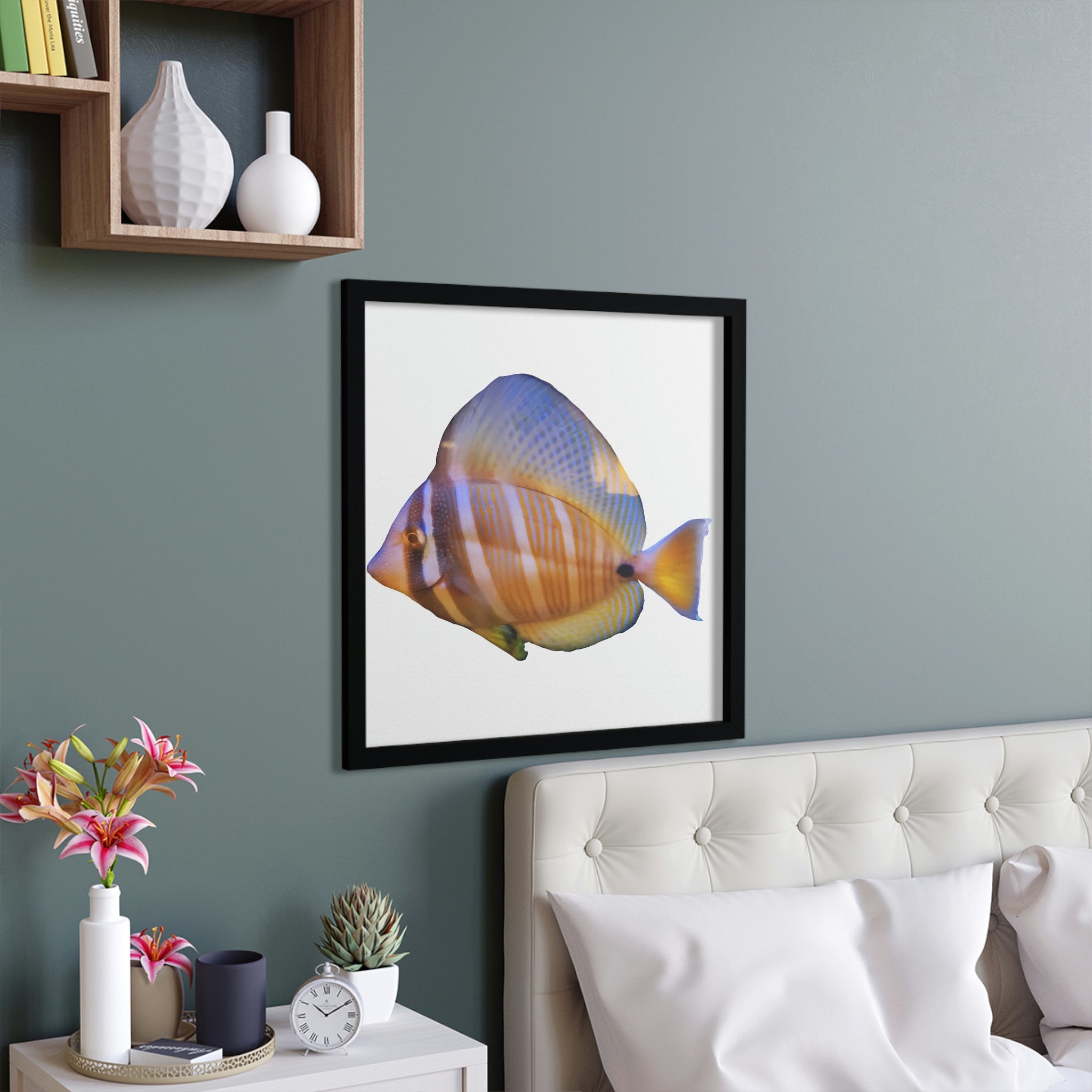 A vibrant Colored Orange Fish Framed Poster showcasing a beautifully designed orange fish in a hand-crafted wooden frame.