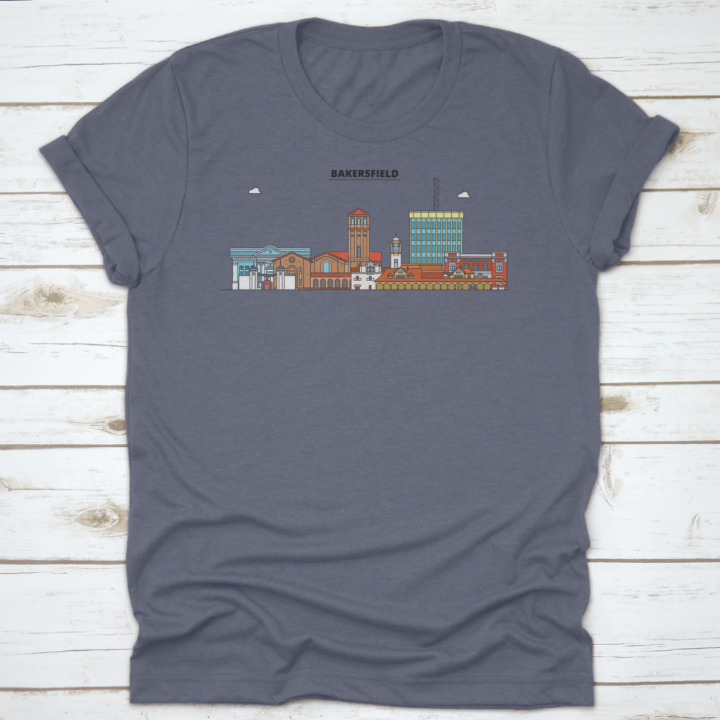 Colored outline vector graphic of Bakersfield skyline, showcasing iconic buildings and landmarks in vibrant colors.