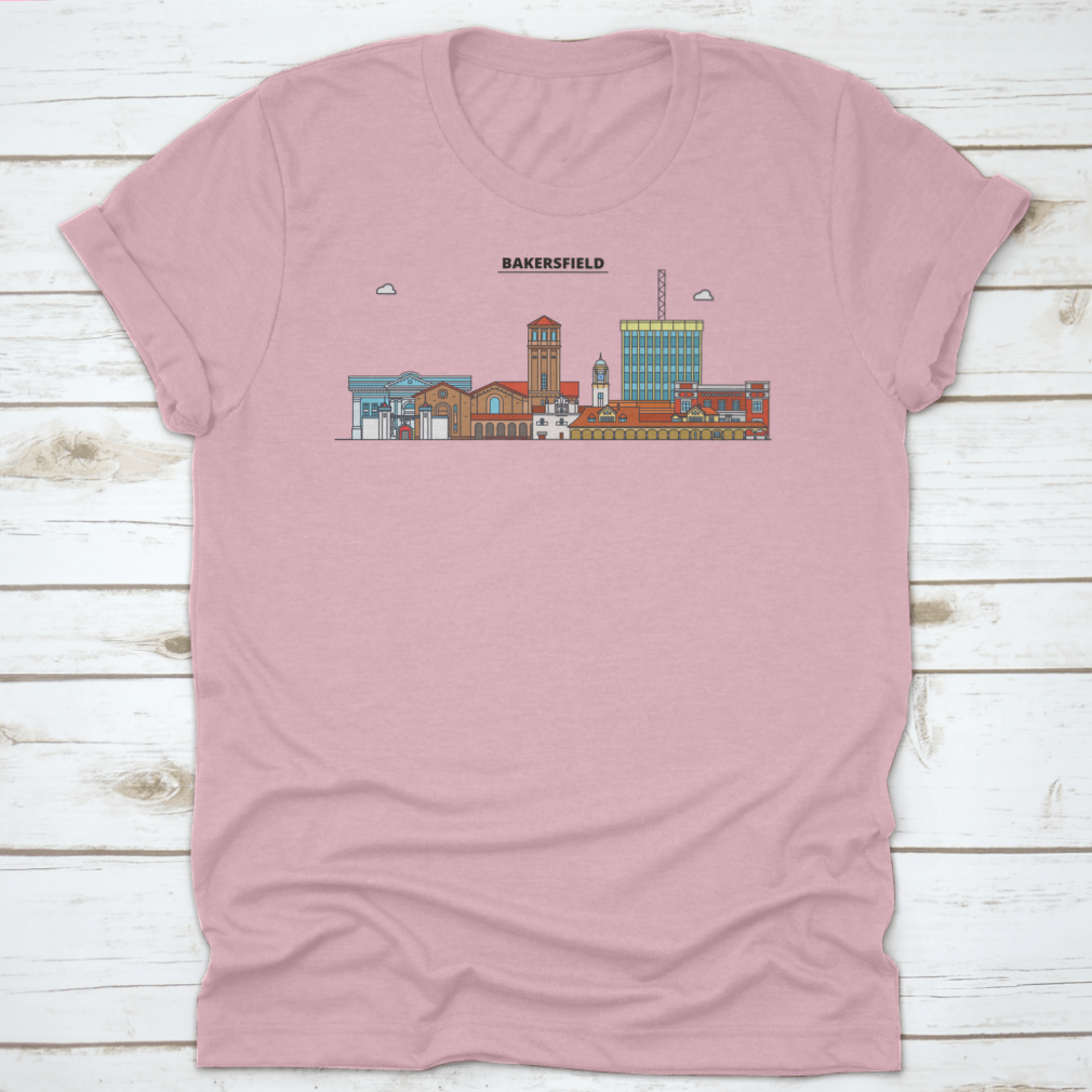 Colored outline vector graphic of Bakersfield skyline, showcasing iconic buildings and landmarks in vibrant colors.