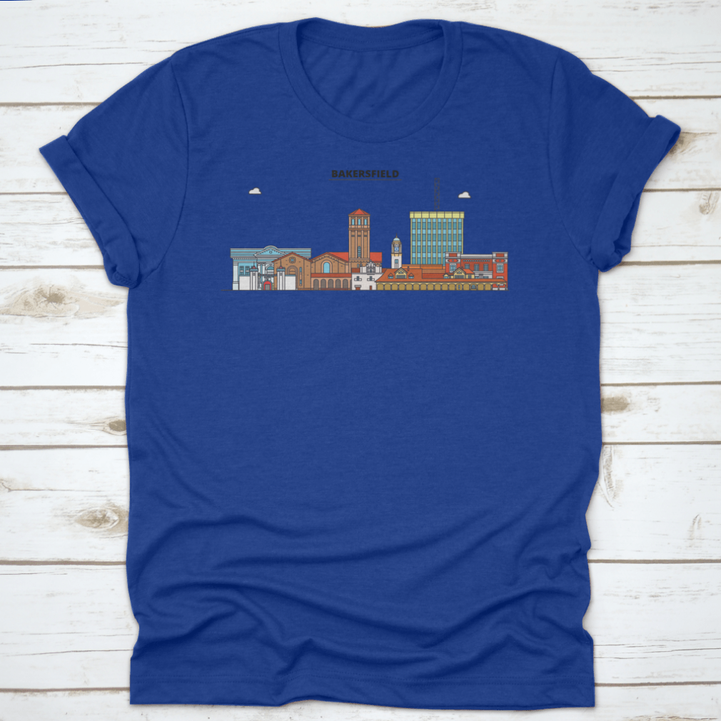 Colored outline vector graphic of Bakersfield skyline, showcasing iconic buildings and landmarks in vibrant colors.