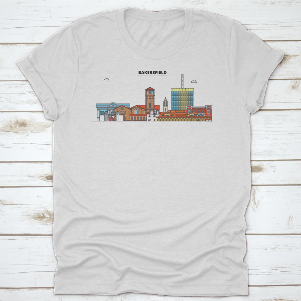 Colored outline vector graphic of Bakersfield skyline, showcasing iconic buildings and landmarks in vibrant colors.