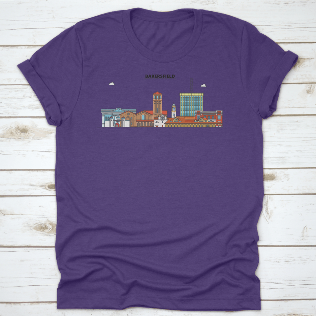 Colored outline vector graphic of Bakersfield skyline, showcasing iconic buildings and landmarks in vibrant colors.