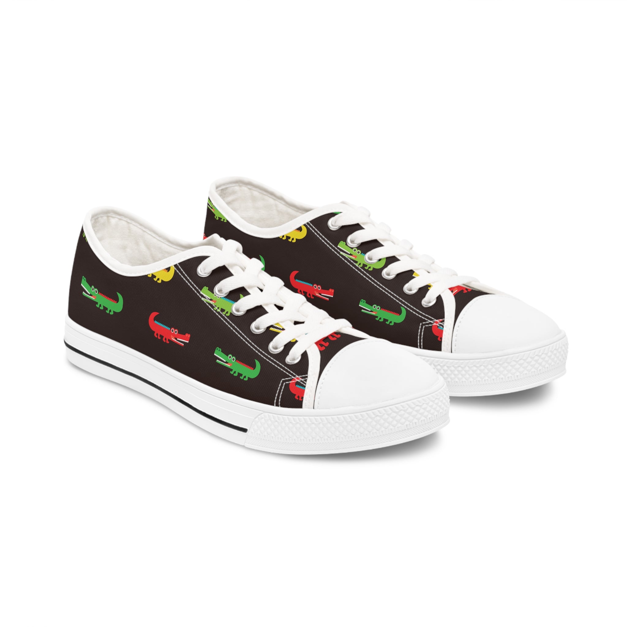 Colorful Alligator Women's Low Top Sneakers featuring breathable canvas, memory foam insoles, and customizable designs in black and white.