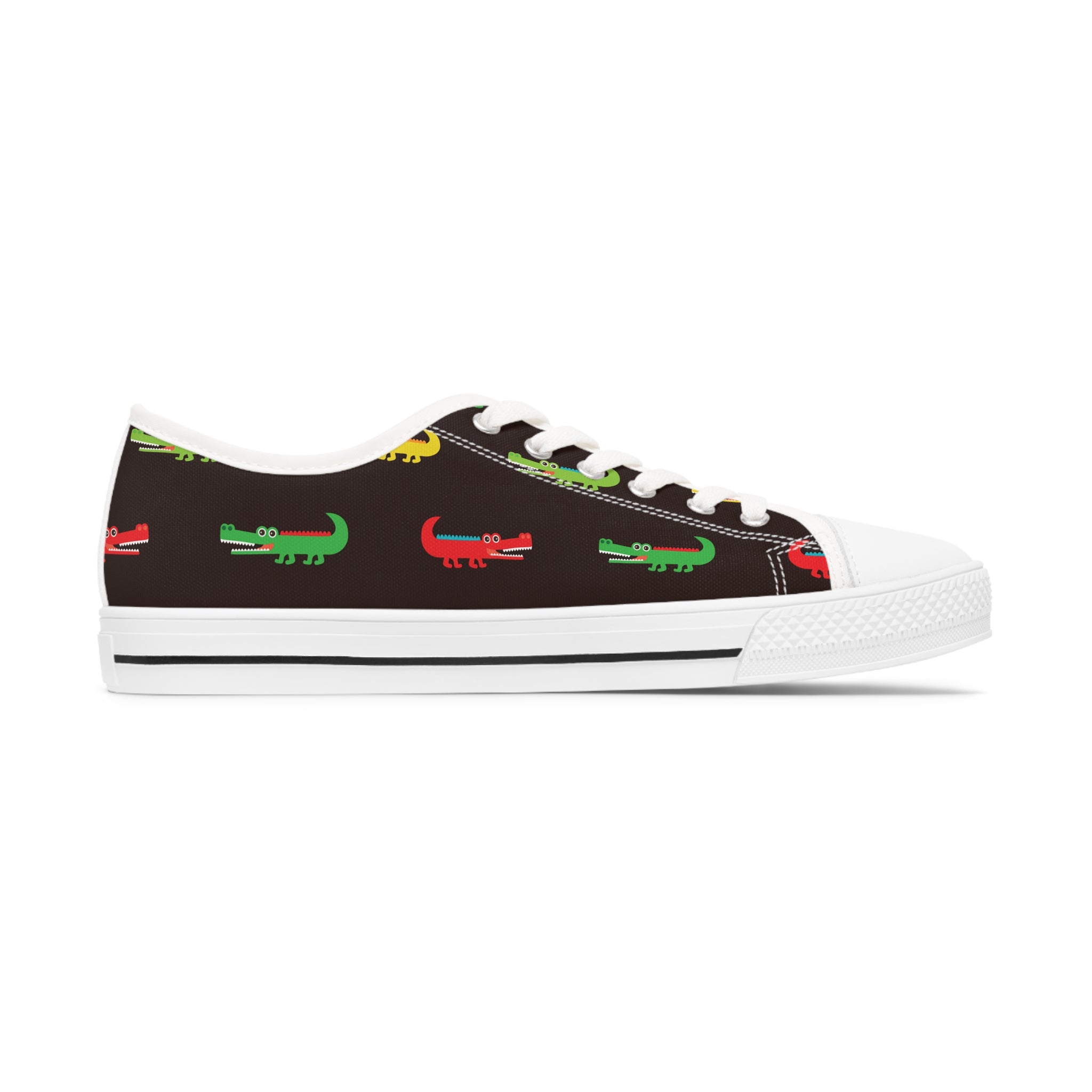 Colorful Alligator Women's Low Top Sneakers featuring breathable canvas, memory foam insoles, and customizable designs in black and white.