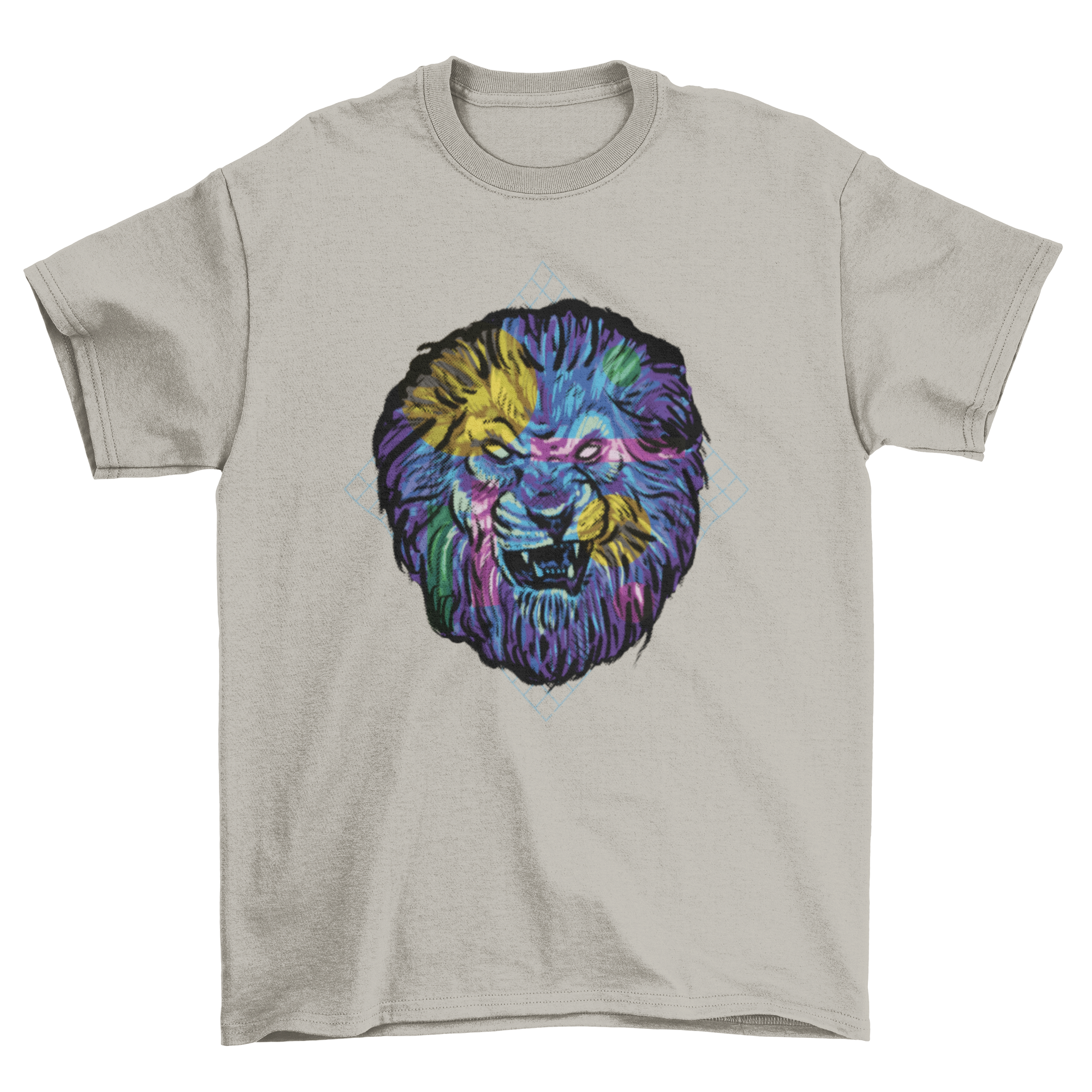 Colorful angry lion t-shirt featuring a vibrant vaporwave design with bold colors and intricate details.