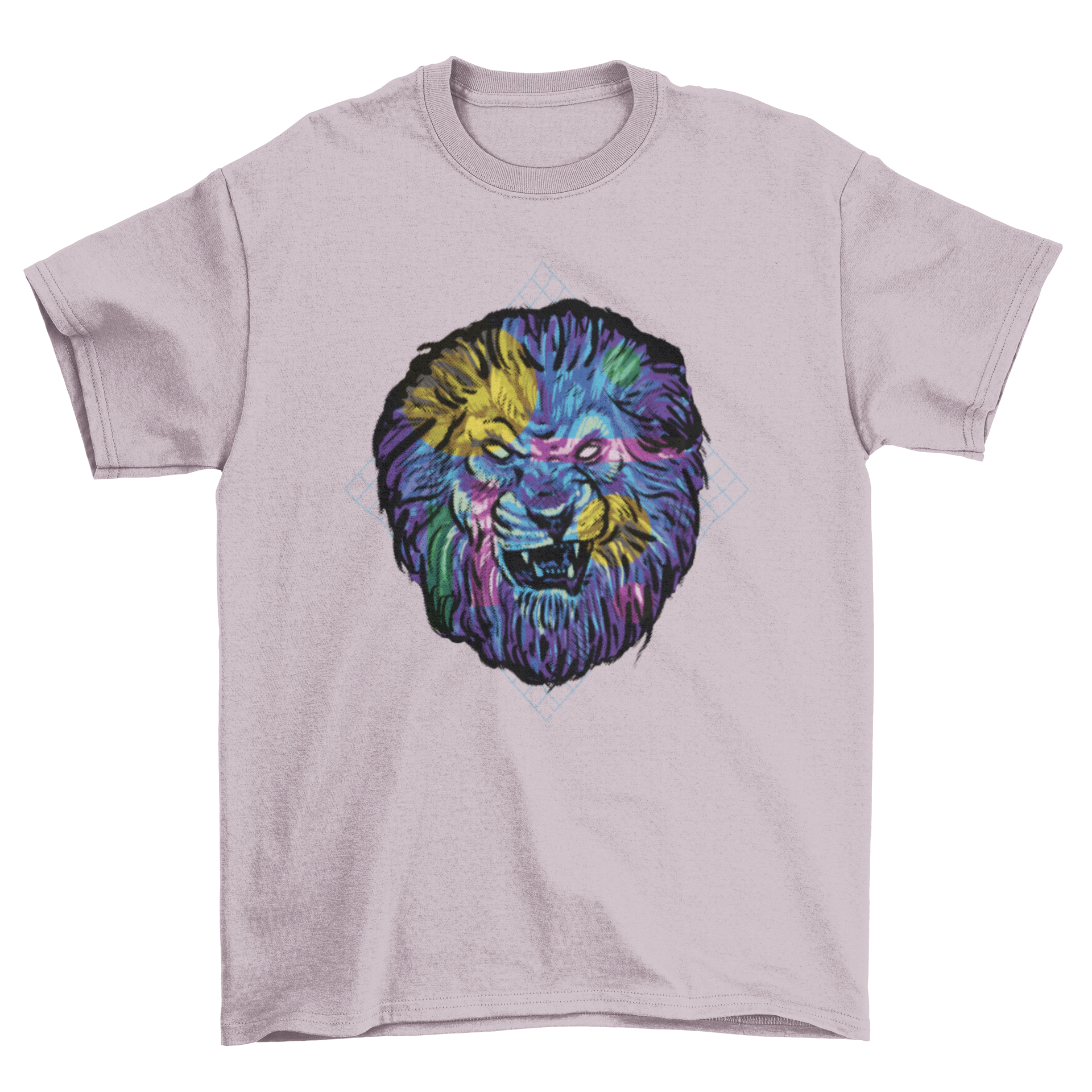 Colorful angry lion t-shirt featuring a vibrant vaporwave design with bold colors and intricate details.