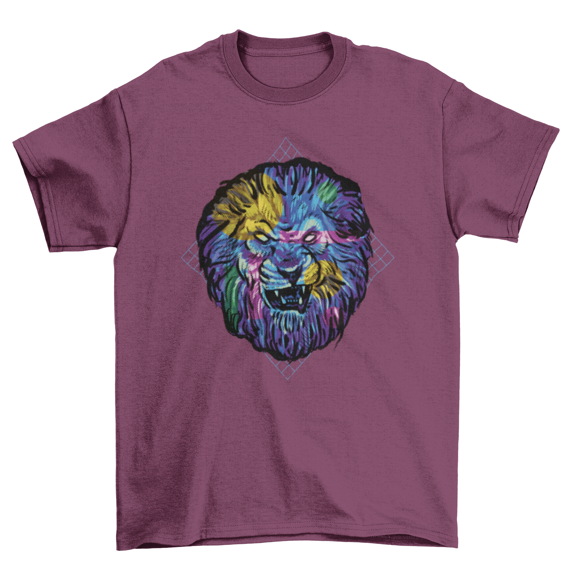 Colorful angry lion t-shirt featuring a vibrant vaporwave design with bold colors and intricate details.