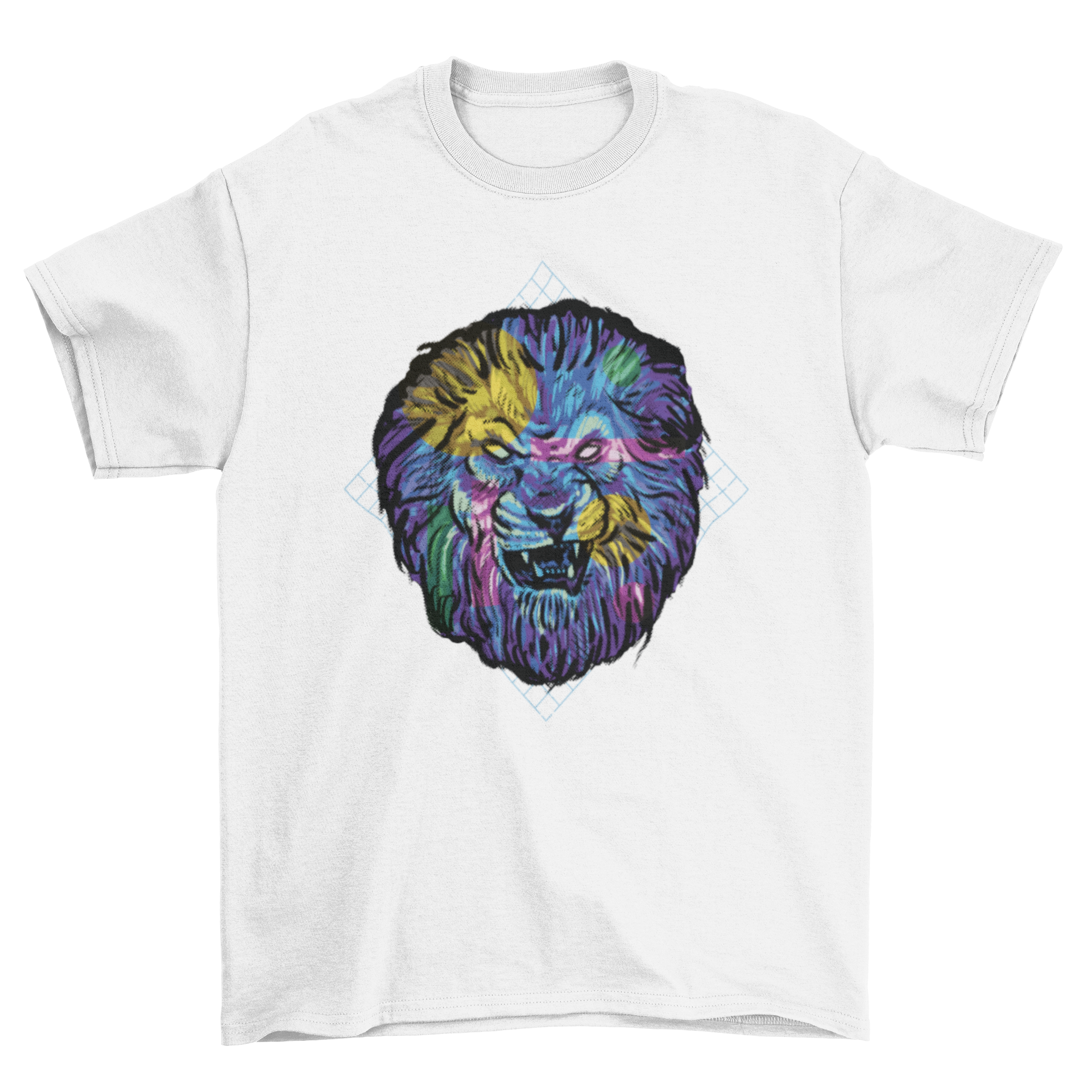 Colorful angry lion t-shirt featuring a vibrant vaporwave design with bold colors and intricate details.