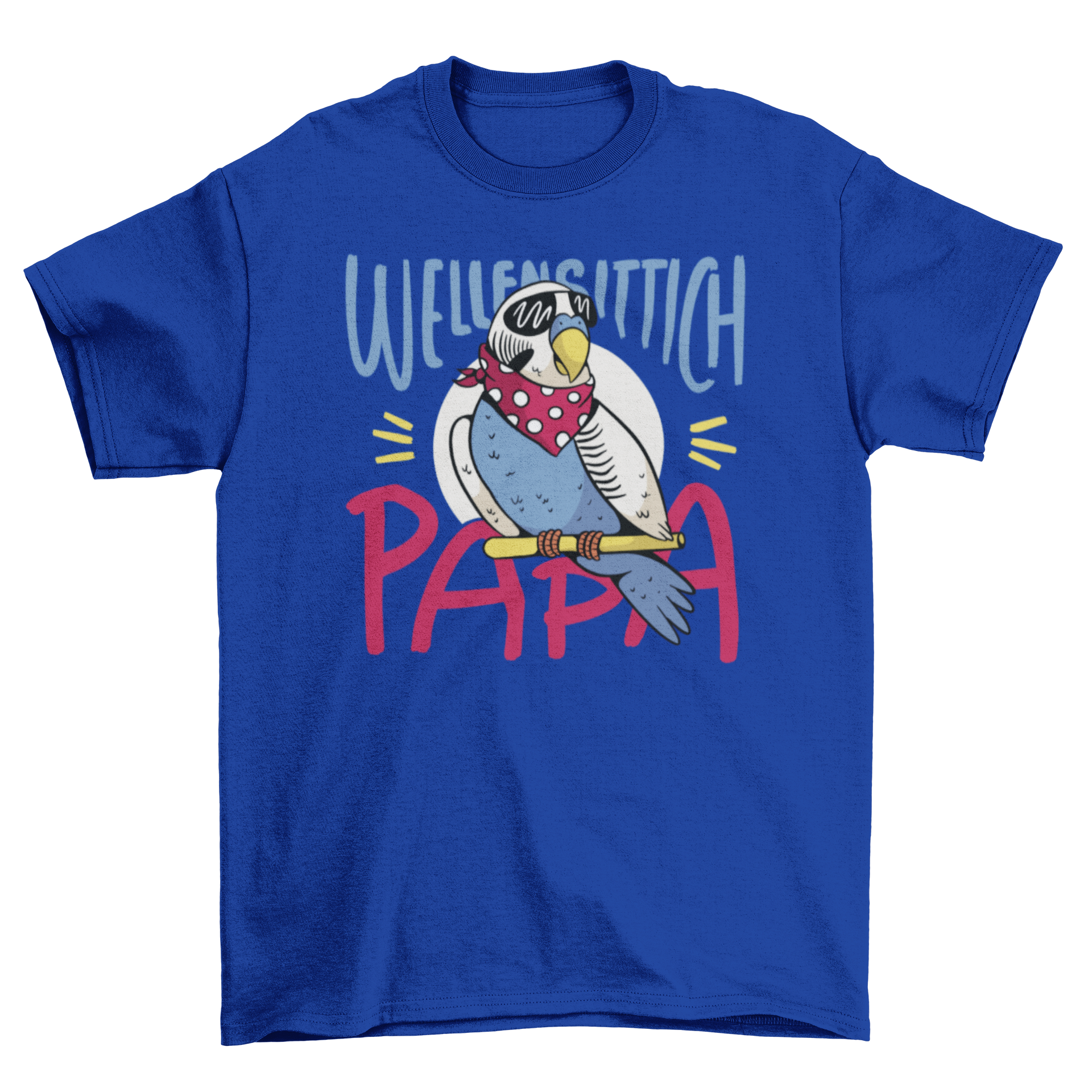 Colorful parakeet wearing a scarf and glasses with the quote 'Parakeet Dad' in German, showcasing a playful design.