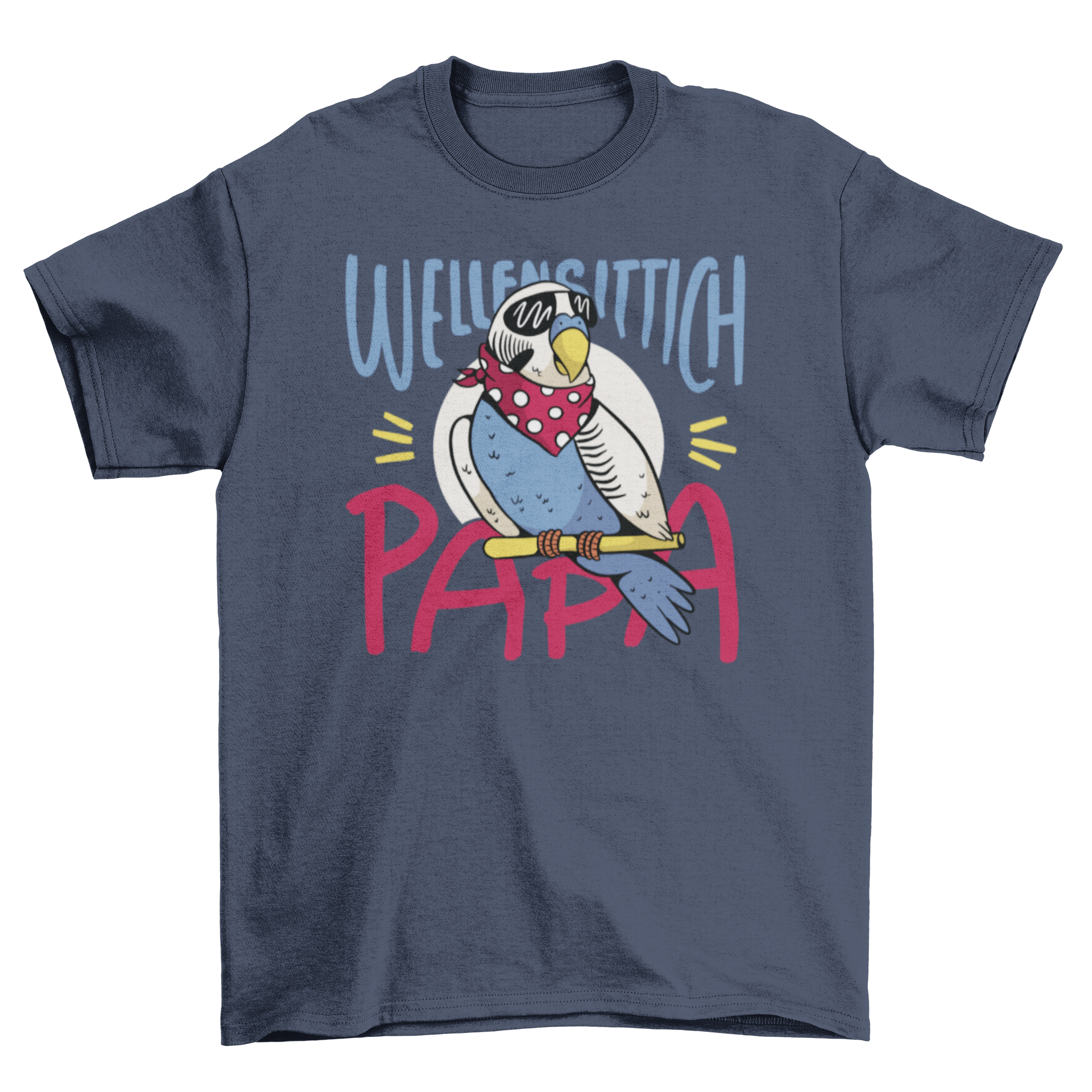 Colorful parakeet wearing a scarf and glasses with the quote 'Parakeet Dad' in German, showcasing a playful design.