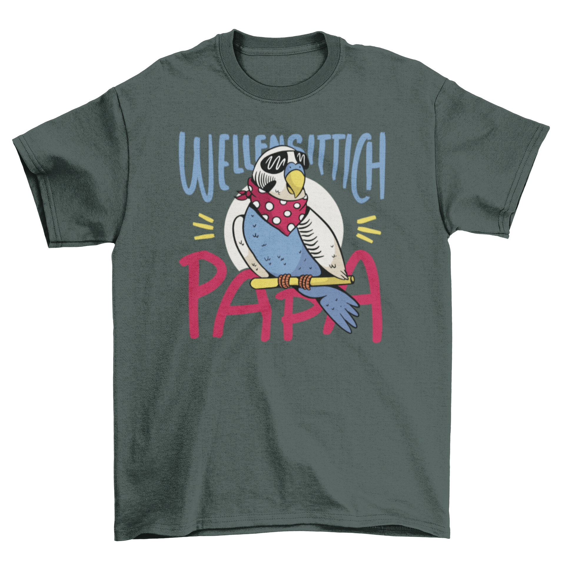 Colorful parakeet wearing a scarf and glasses with the quote 'Parakeet Dad' in German, showcasing a playful design.