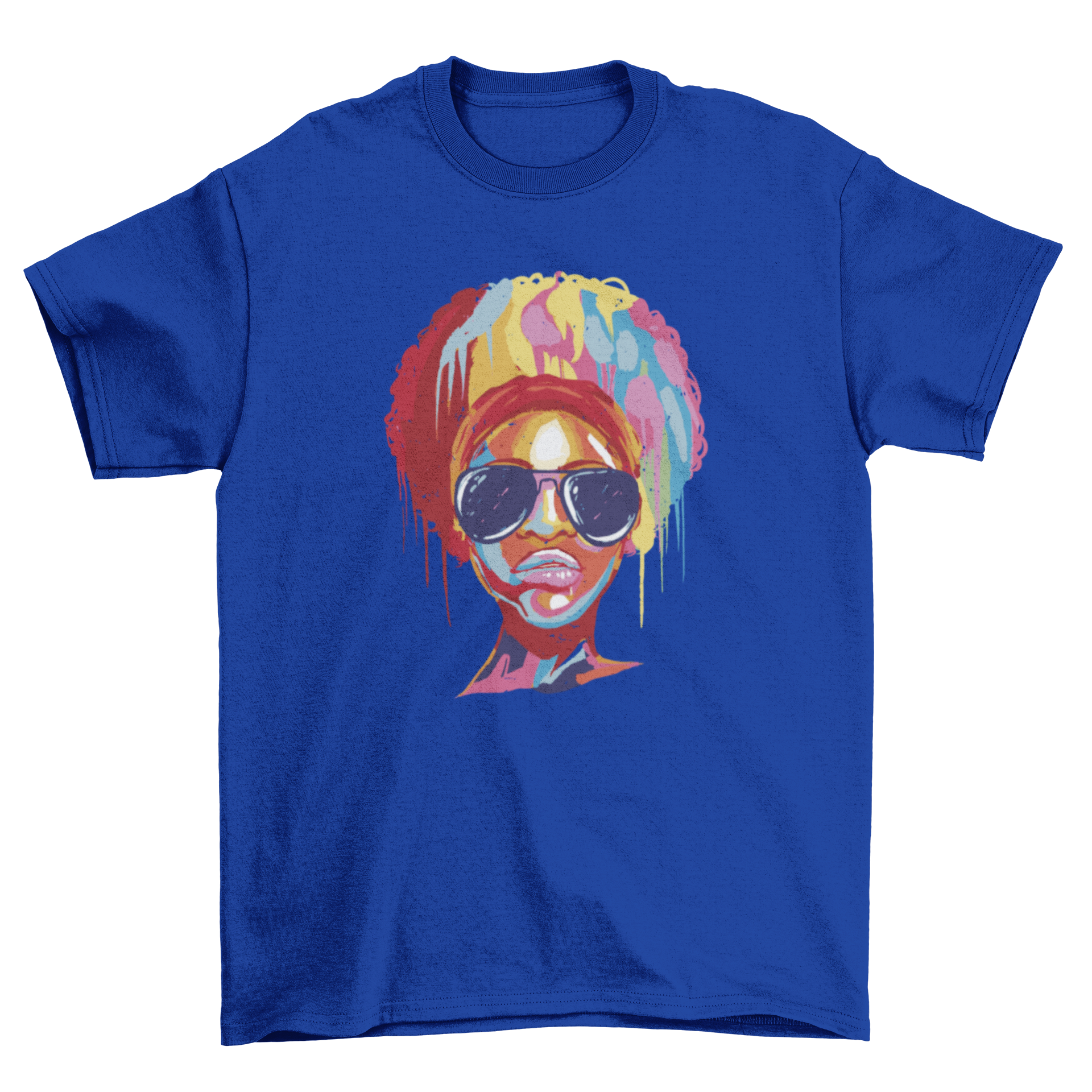 A vibrant t-shirt featuring a colorful portrait of a black woman wearing stylish sunglasses, showcasing artistic design.