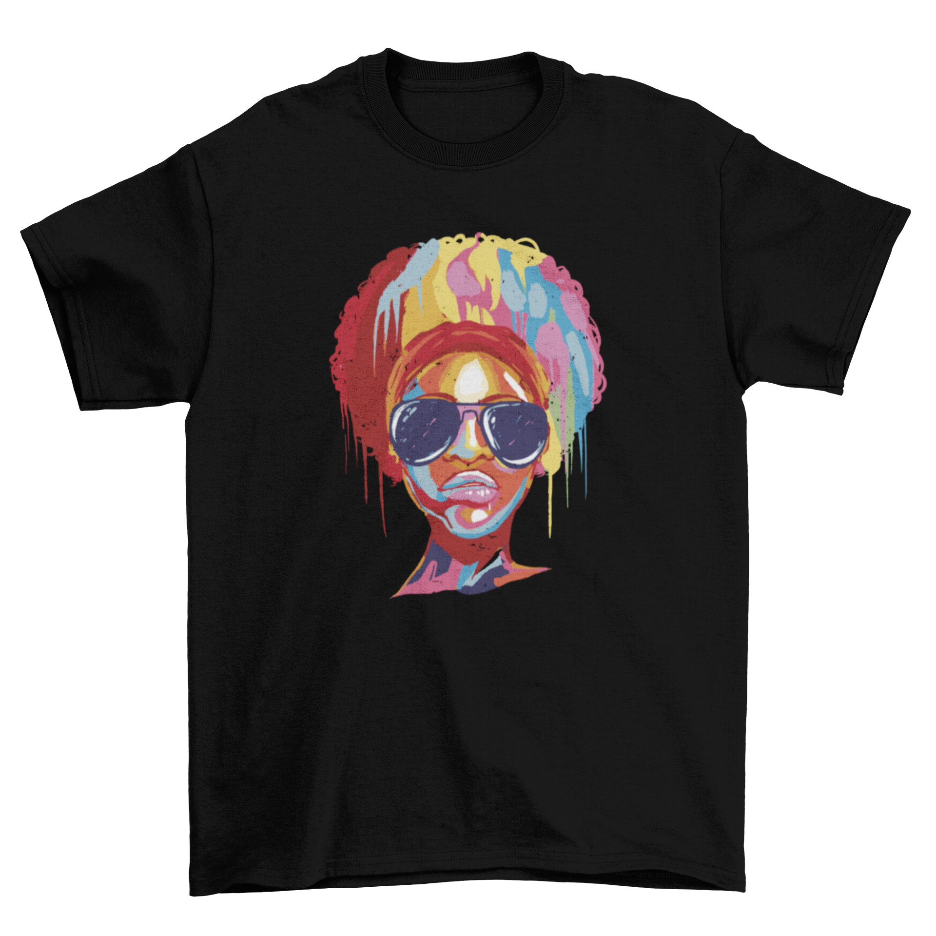 A vibrant t-shirt featuring a colorful portrait of a black woman wearing stylish sunglasses, showcasing artistic design.