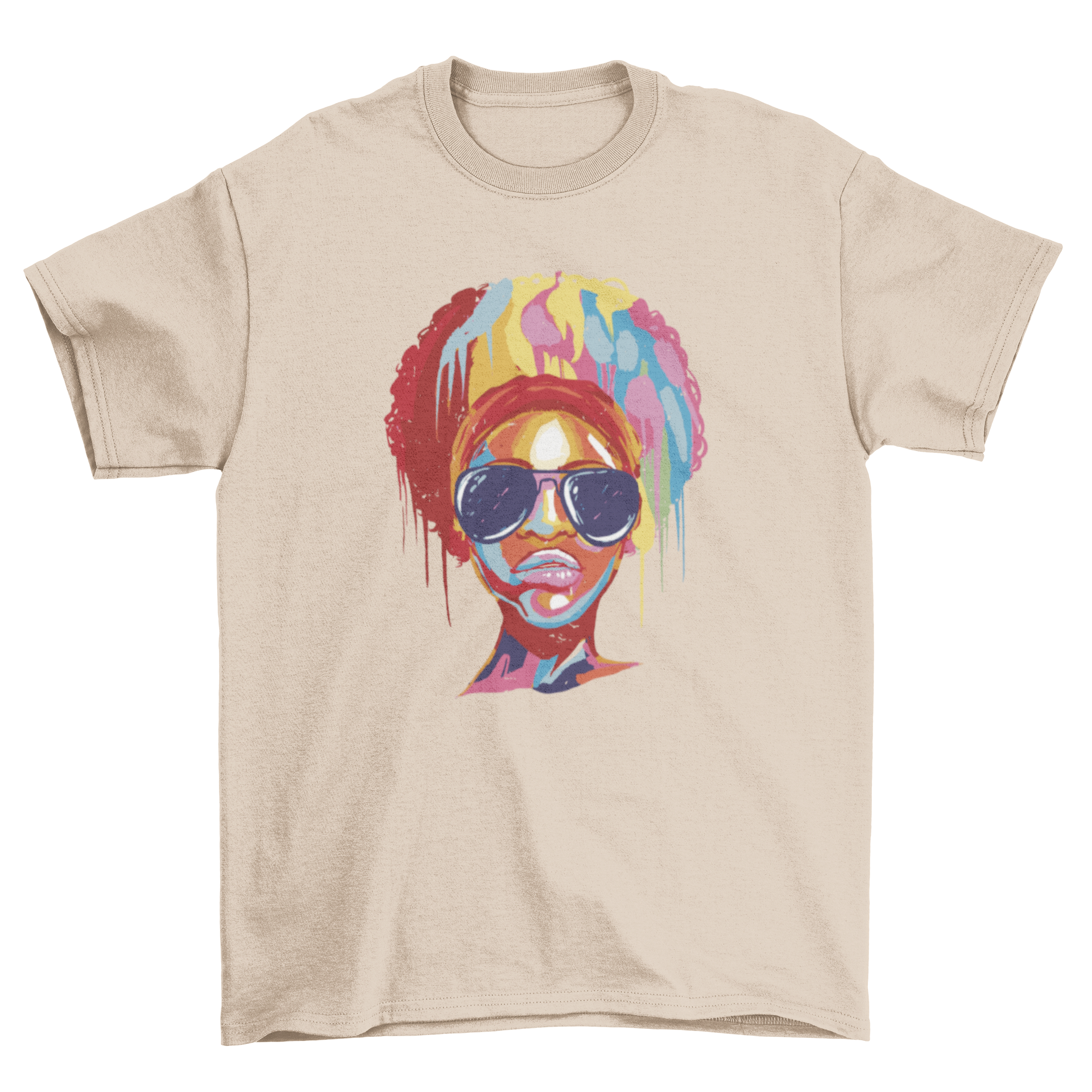 A vibrant t-shirt featuring a colorful portrait of a black woman wearing stylish sunglasses, showcasing artistic design.