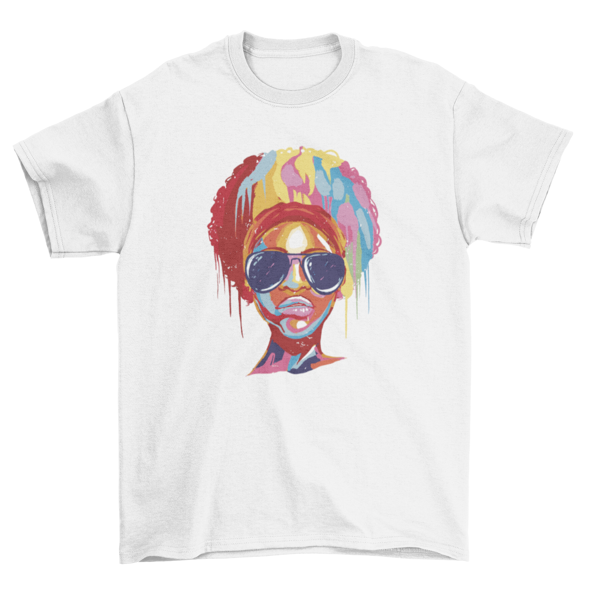 A vibrant t-shirt featuring a colorful portrait of a black woman wearing stylish sunglasses, showcasing artistic design.