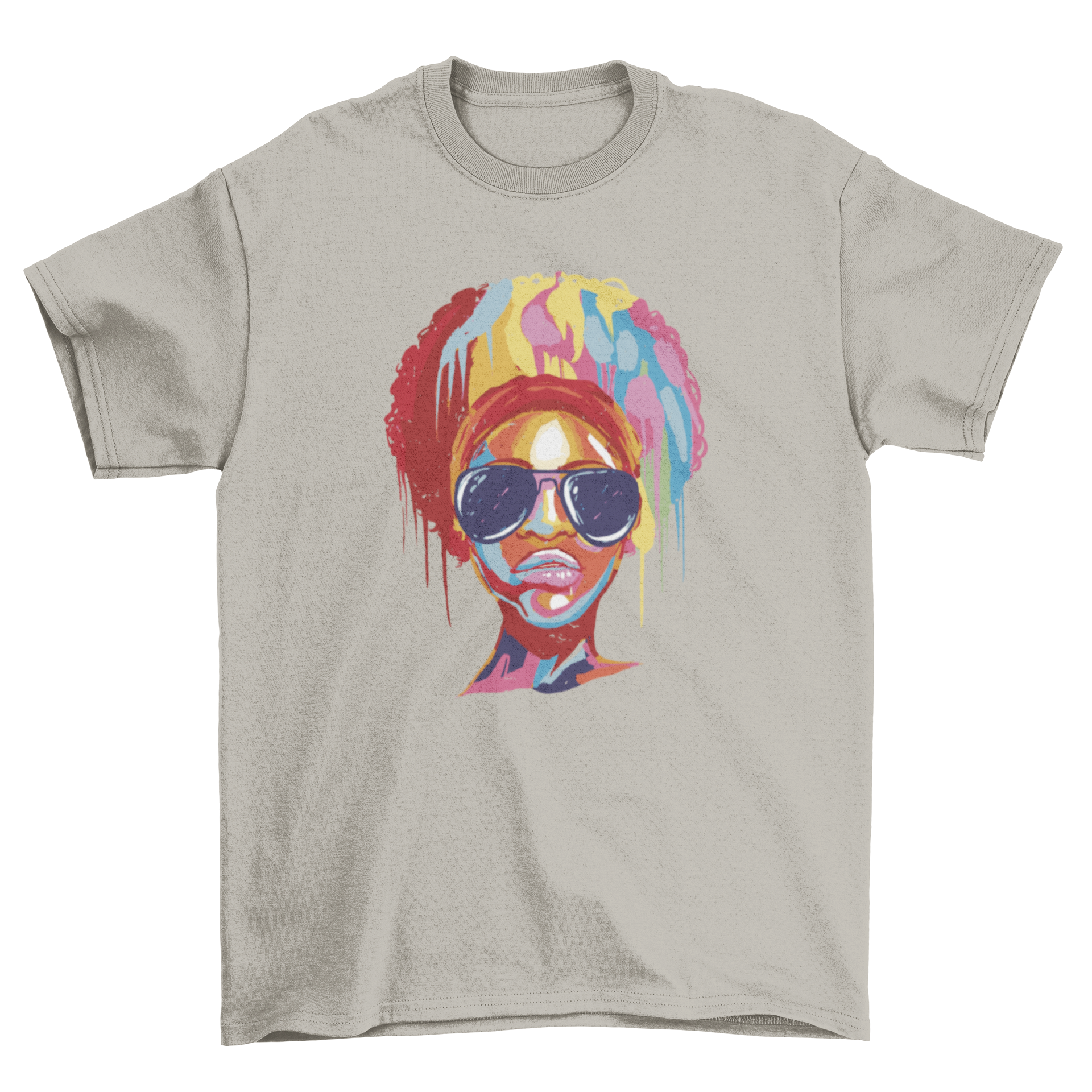 A vibrant t-shirt featuring a colorful portrait of a black woman wearing stylish sunglasses, showcasing artistic design.