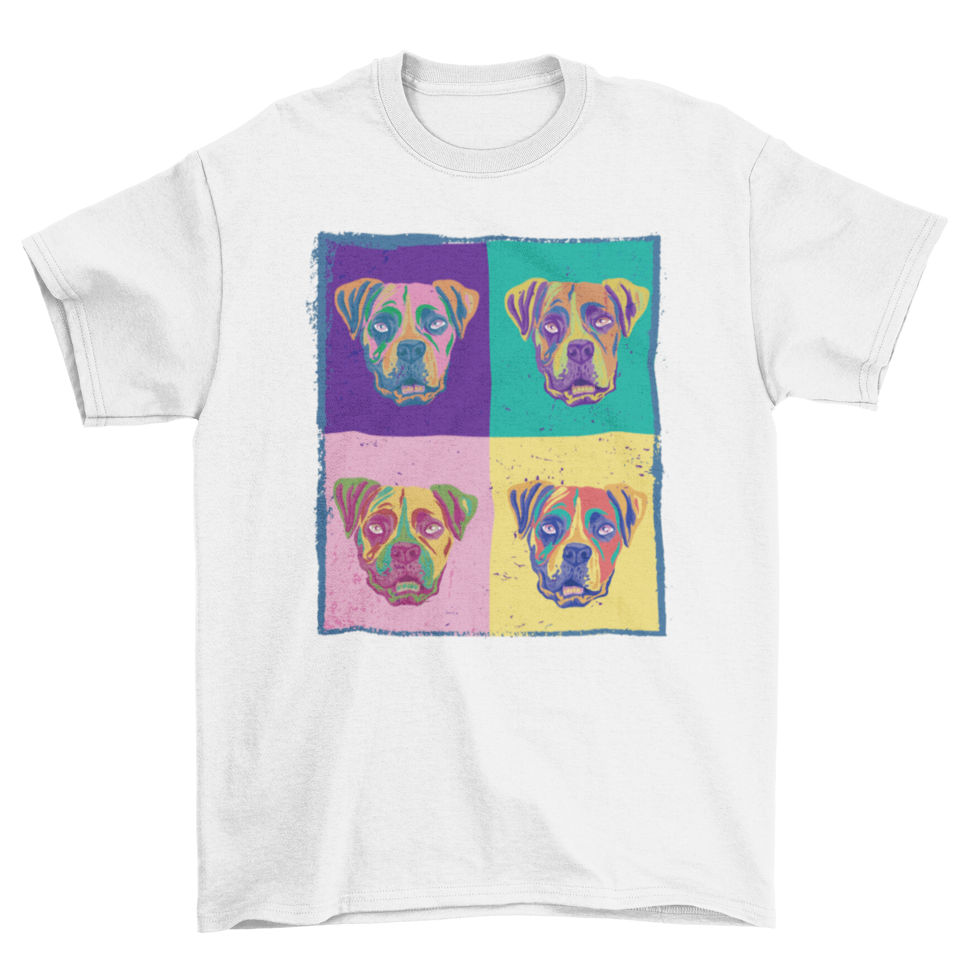 A vibrant t-shirt featuring a painting of four colorful boxer dogs, showcasing their playful nature and unique personalities.