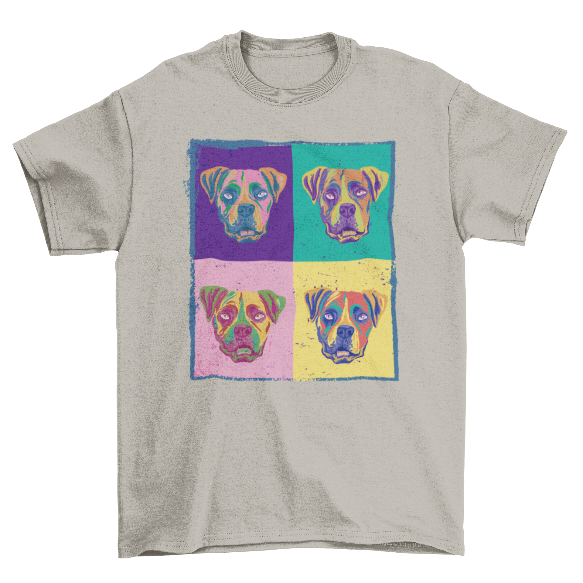 A vibrant t-shirt featuring a painting of four colorful boxer dogs, showcasing their playful nature and unique personalities.