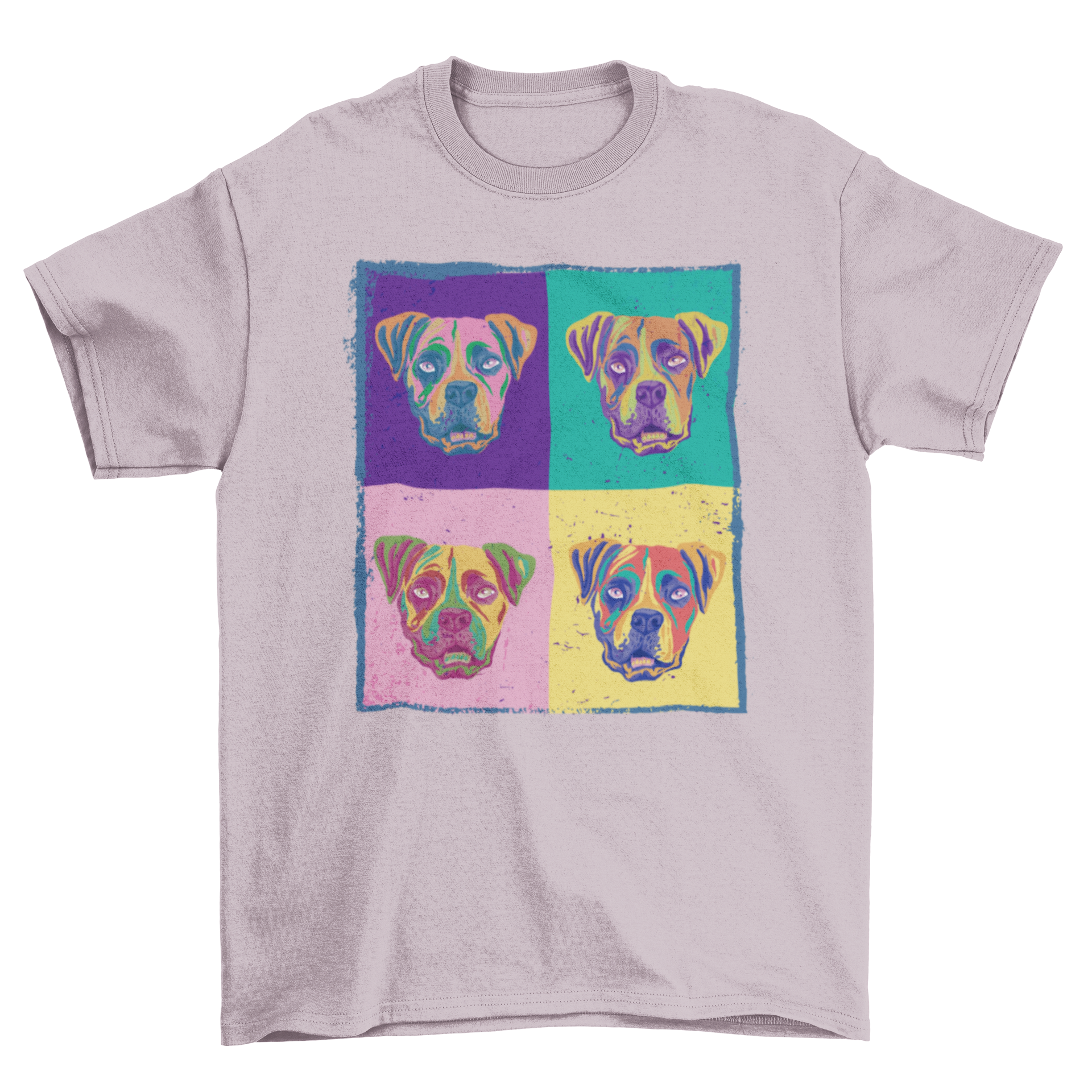 A vibrant t-shirt featuring a painting of four colorful boxer dogs, showcasing their playful nature and unique personalities.