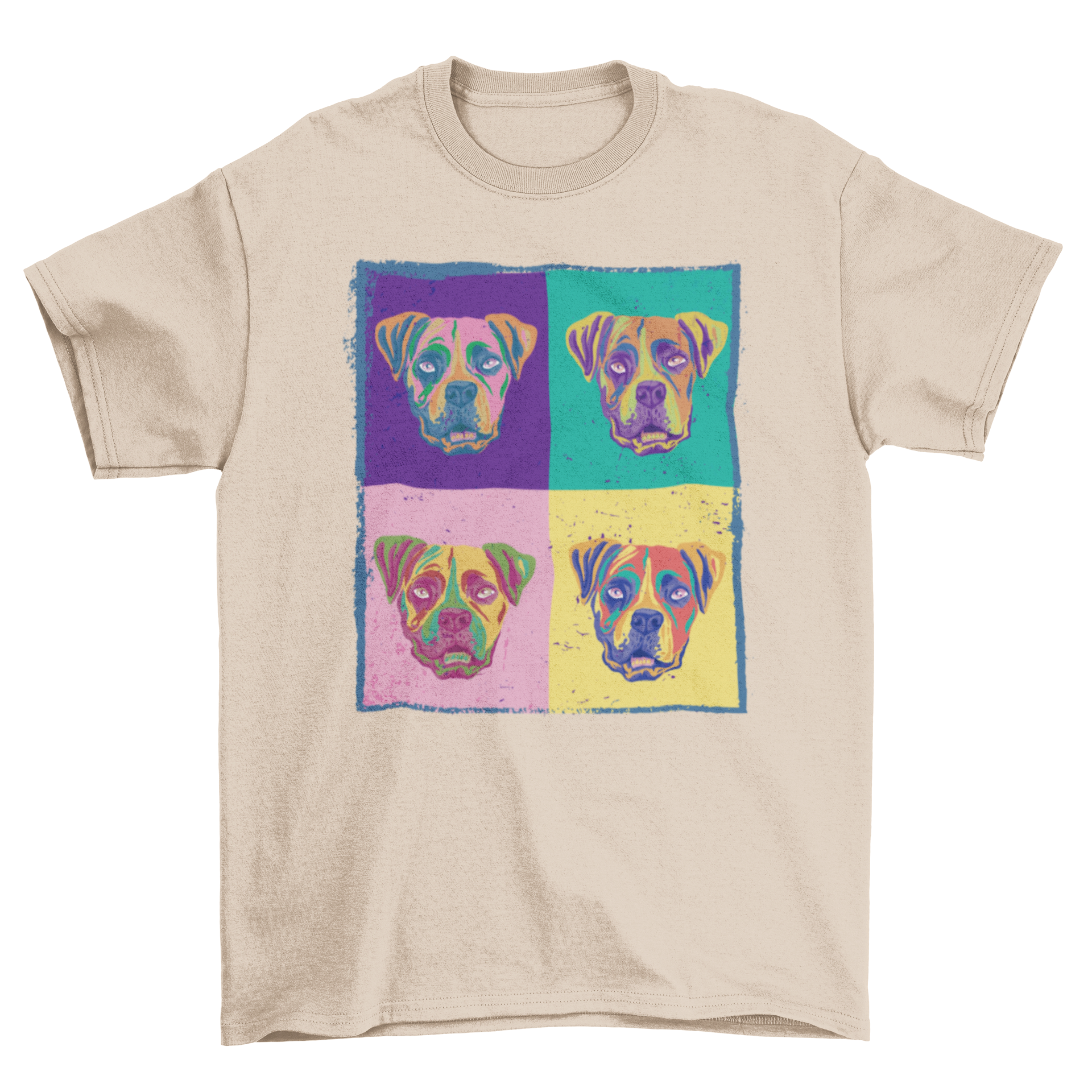 A vibrant t-shirt featuring a painting of four colorful boxer dogs, showcasing their playful nature and unique personalities.