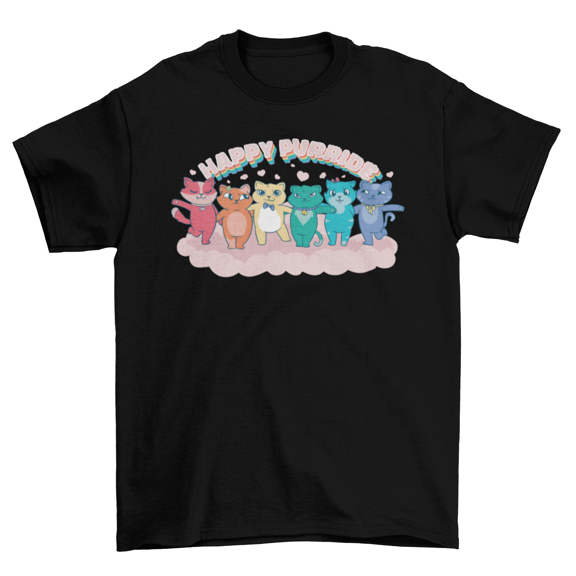 Colorful cartoon cat t-shirt featuring multiple cats hugging with the quote 'Happy purride'.