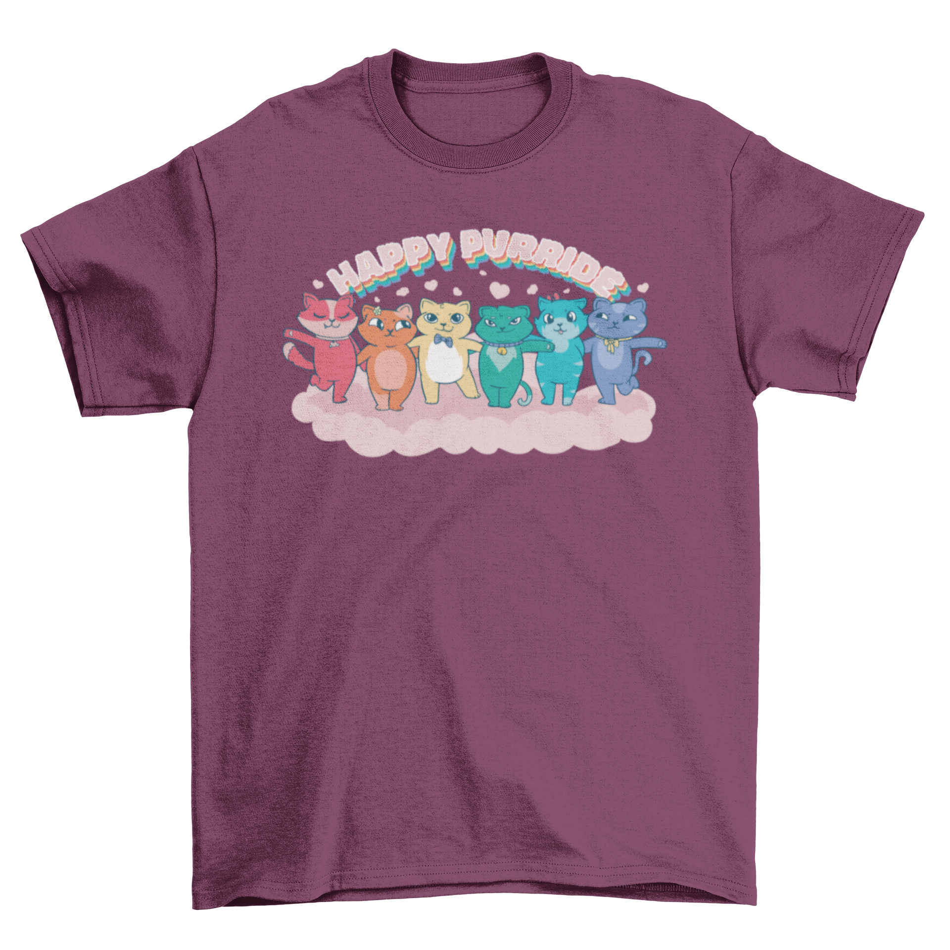 Colorful cartoon cat t-shirt featuring multiple cats hugging with the quote 'Happy purride'.