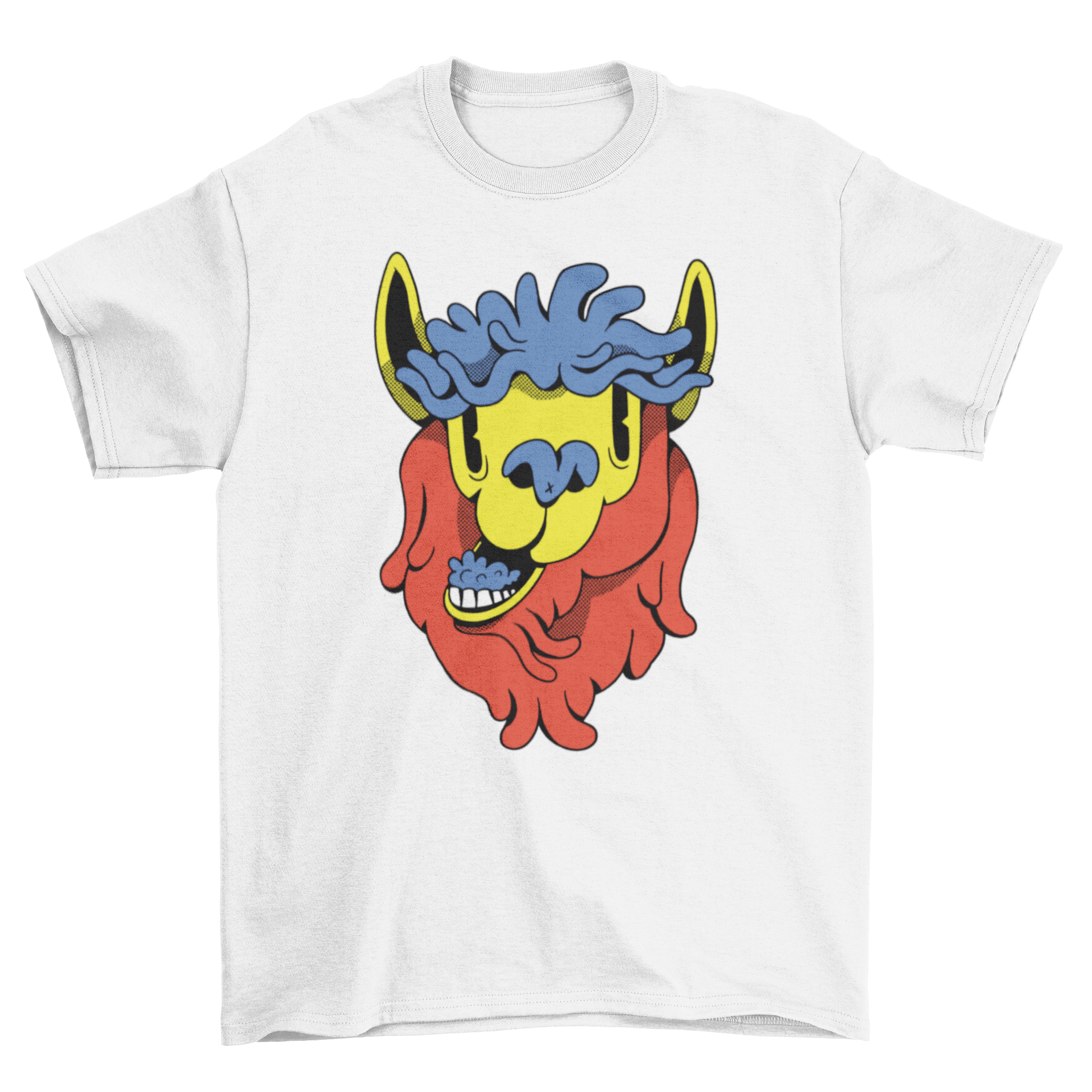 A colorful cartoon llama t-shirt design featuring a vibrant llama illustration in a playful style.