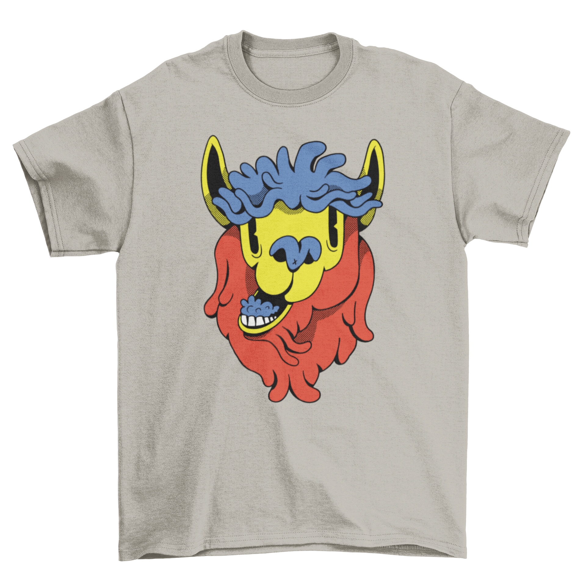 A colorful cartoon llama t-shirt design featuring a vibrant llama illustration in a playful style.