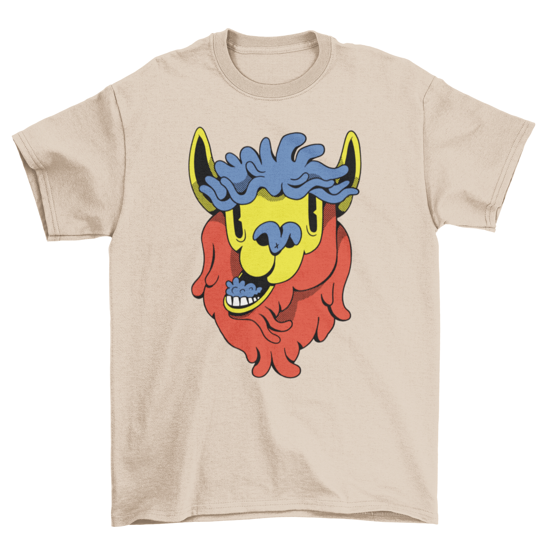 A colorful cartoon llama t-shirt design featuring a vibrant llama illustration in a playful style.