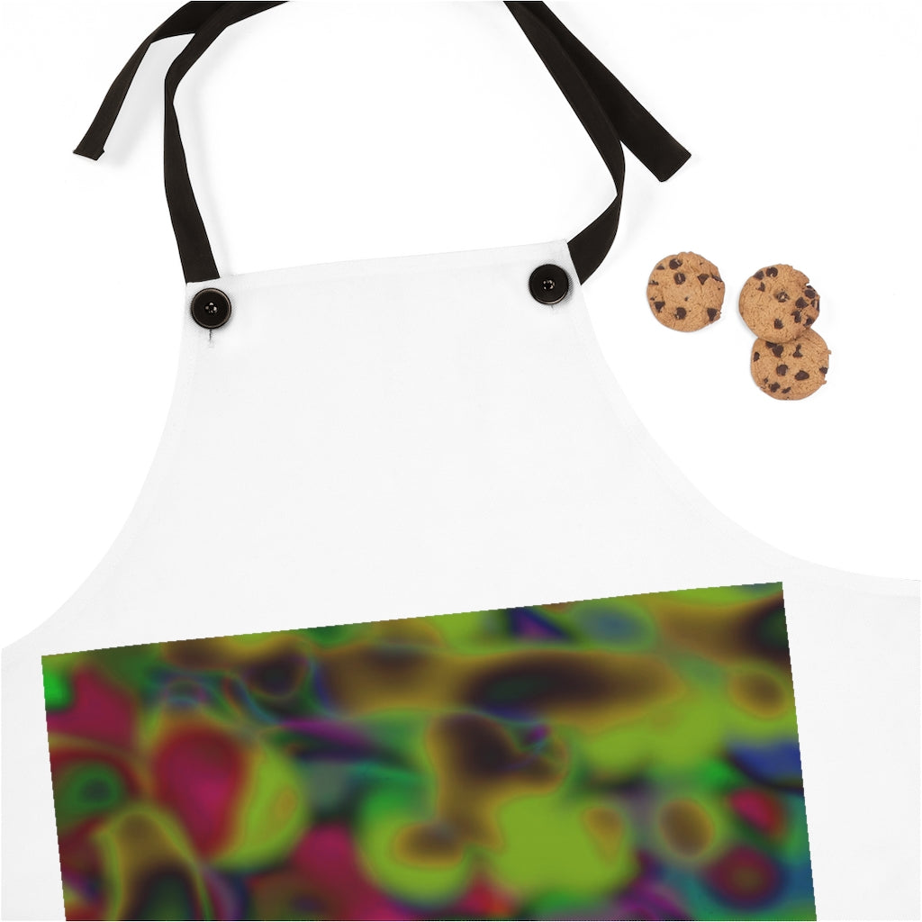 A colorful apron featuring a vibrant cloud painting design, made from lightweight polyester with black detachable twill straps.