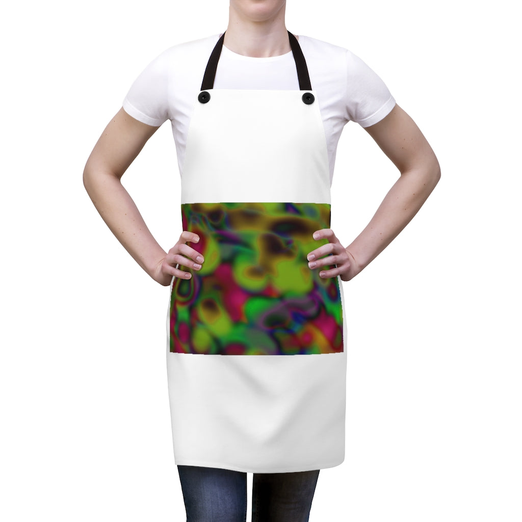 A colorful apron featuring a vibrant cloud painting design, made from lightweight polyester with black detachable twill straps.