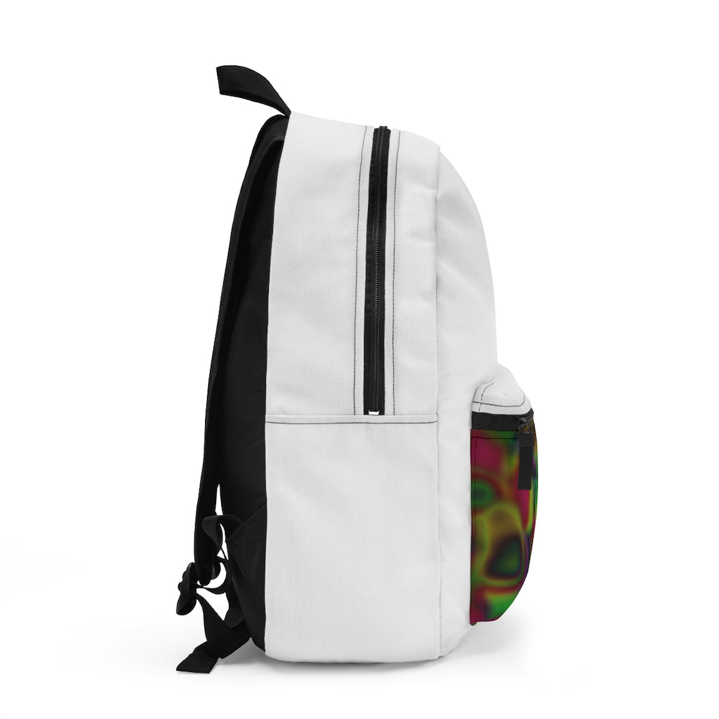 Colorful Cloud Painting Backpack featuring vibrant cloud design, adjustable straps, and custom name tag.