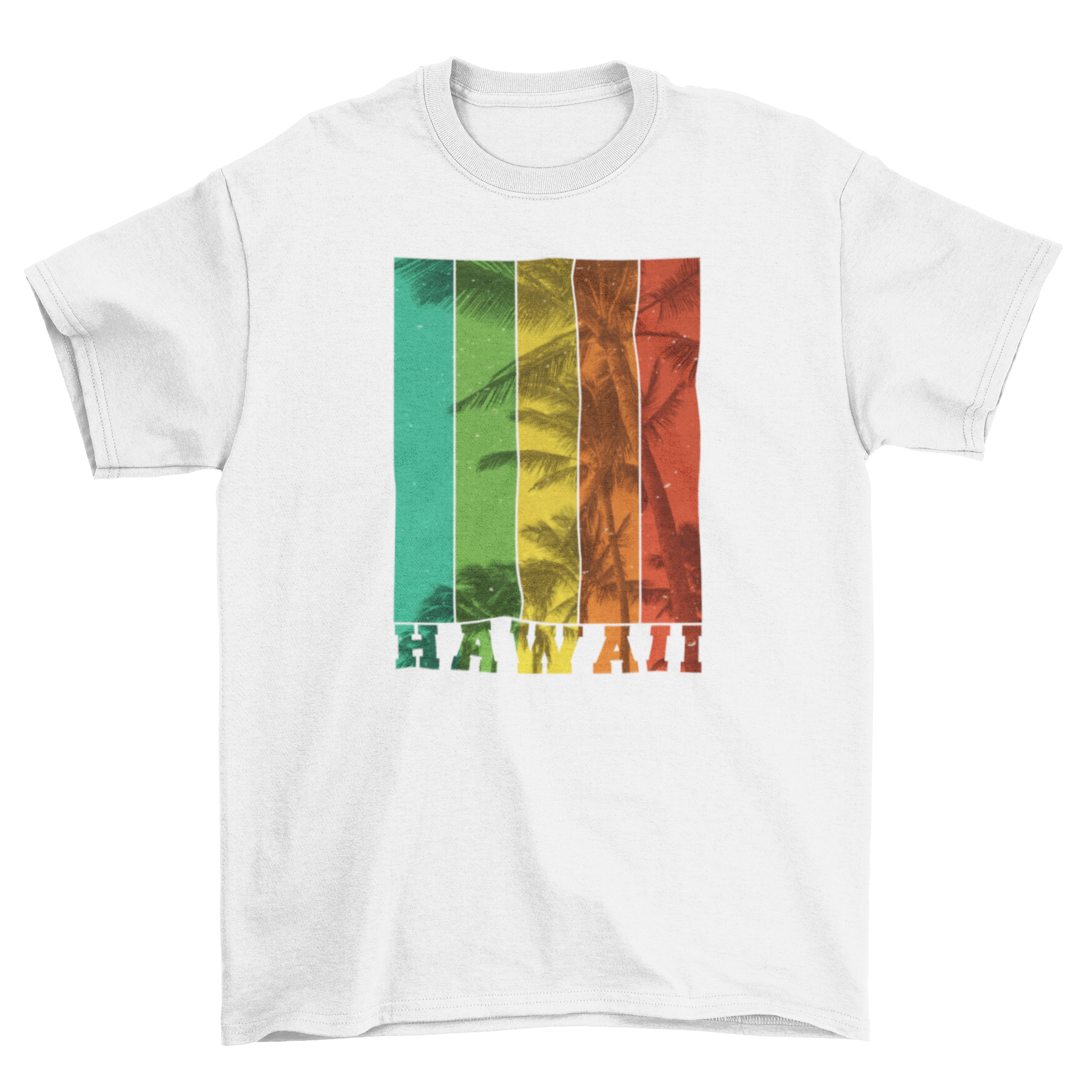 Colorful t-shirt featuring a coconut tree design with a striped effect and the word 'Hawaii'.