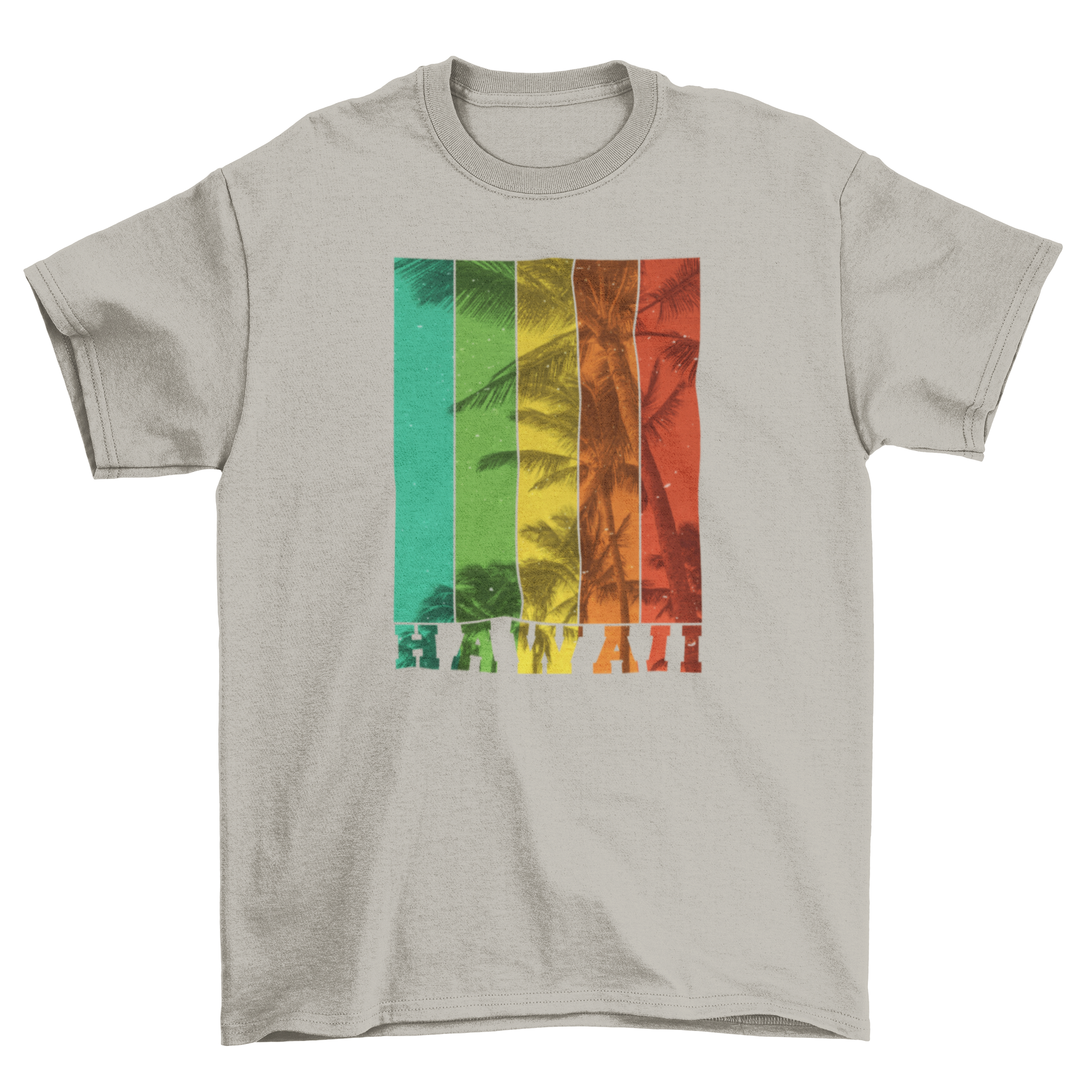 Colorful t-shirt featuring a coconut tree design with a striped effect and the word 'Hawaii'.