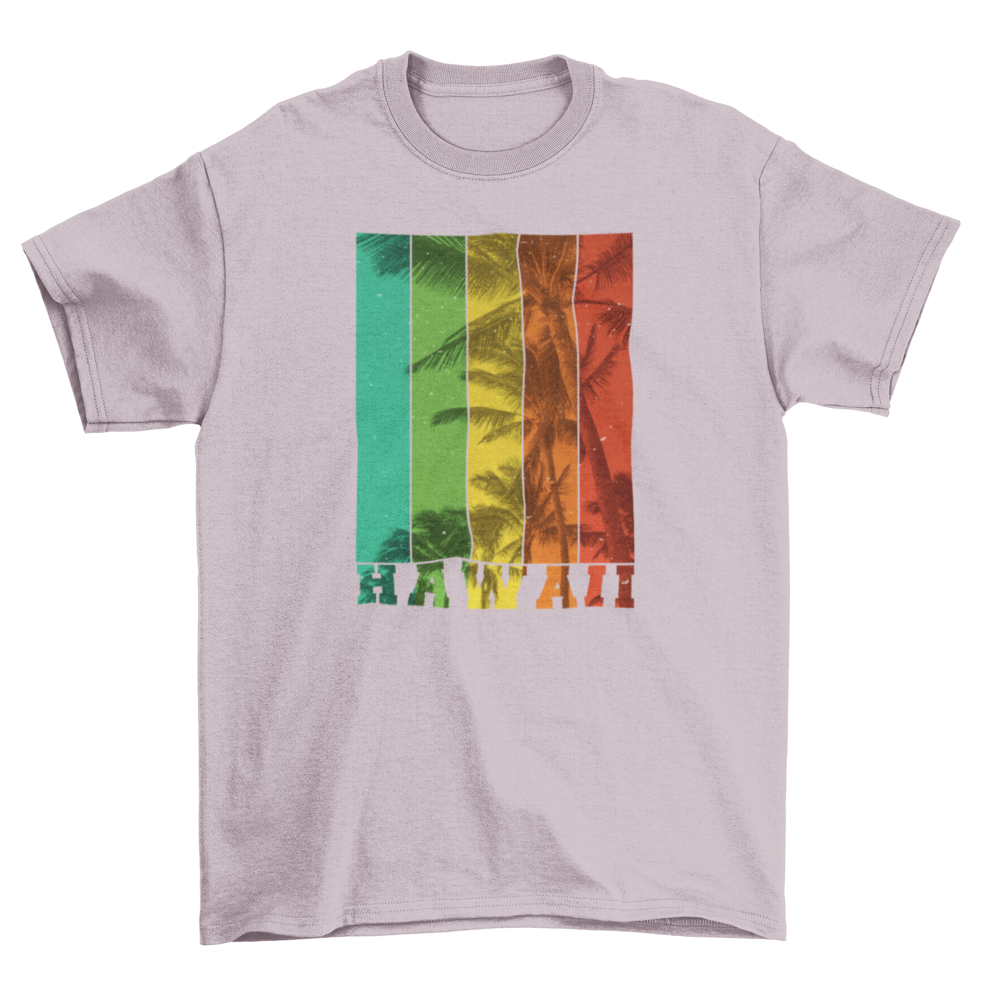 Colorful t-shirt featuring a coconut tree design with a striped effect and the word 'Hawaii'.