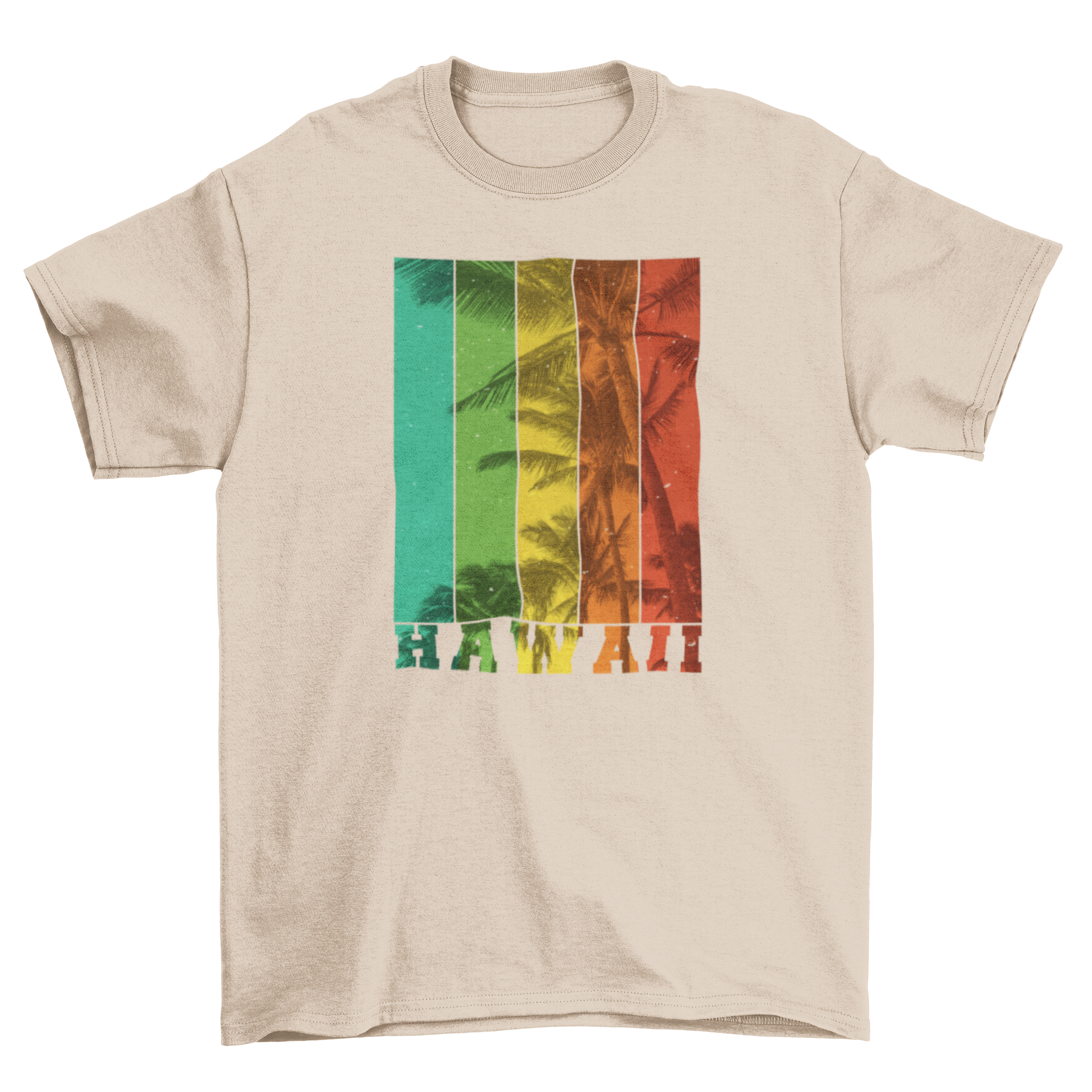 Colorful t-shirt featuring a coconut tree design with a striped effect and the word 'Hawaii'.